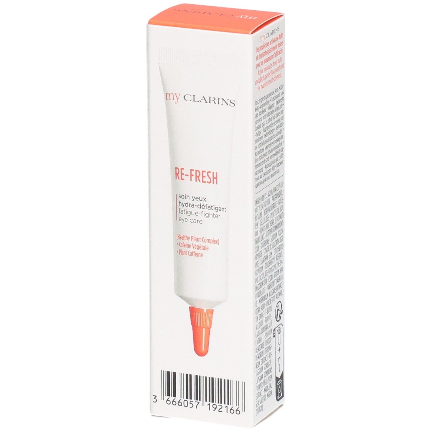 Tubo My Clarins contorno occhi nella sua confezione. Applicatore arancione visibile.
