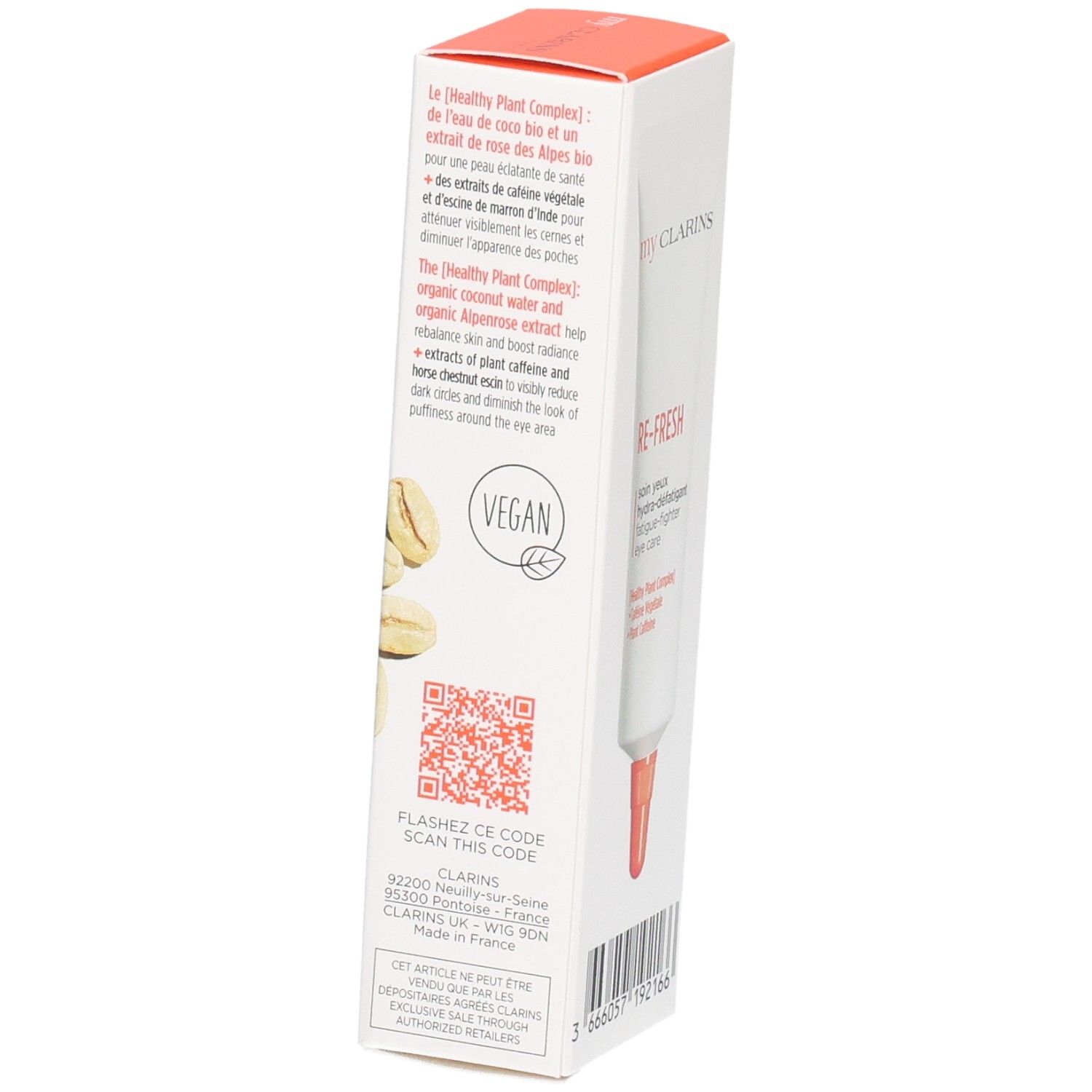 Lato confezione My Clarins contorno occhi con QR code e sigillo vegan.