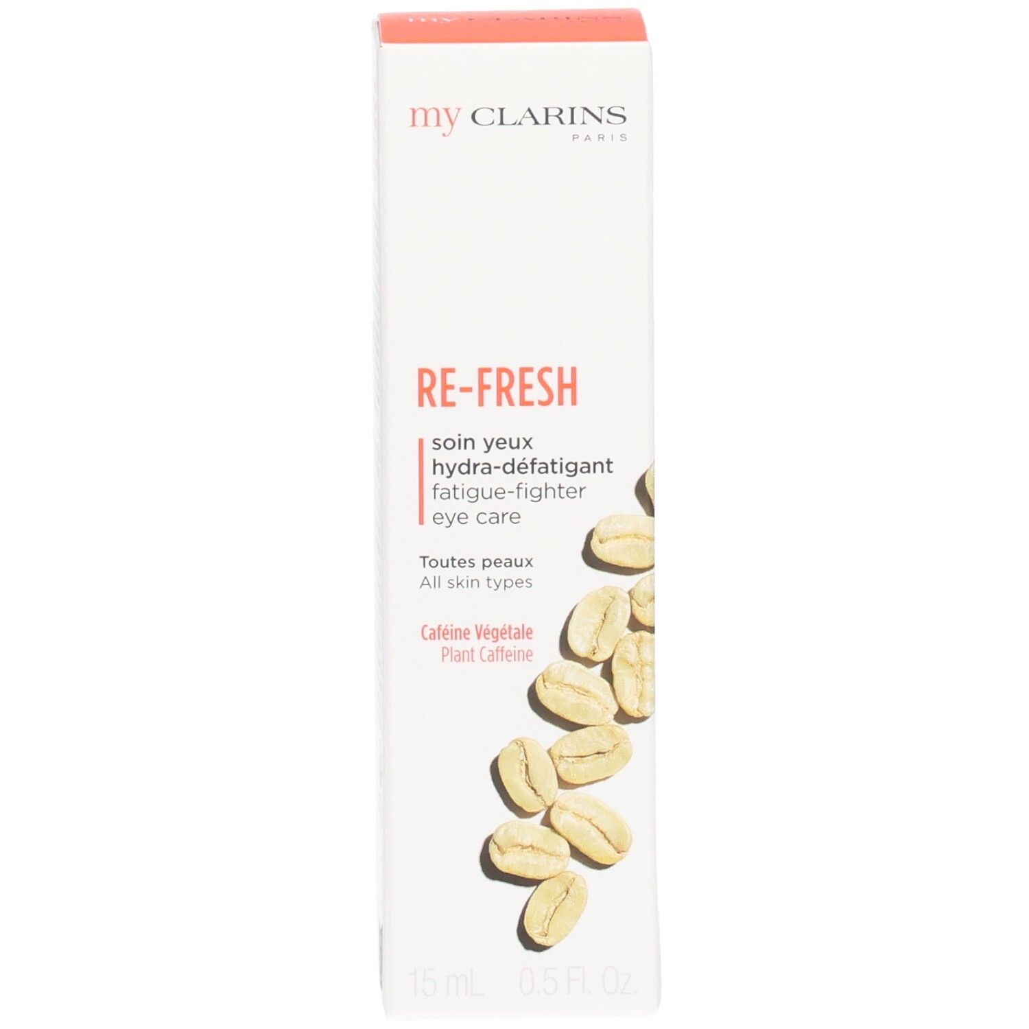 Confezione My Clarins contorno occhi anti-stanchezza con caffeina vegetale. Illustrazione chicchi d'avena.