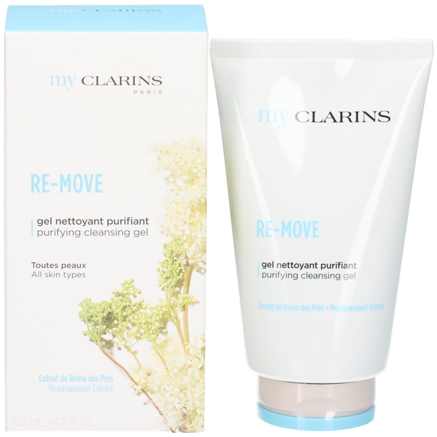 Gel detergente purificante CLA MY RE-MOVE e scatola pieghevole con motivo floreale.