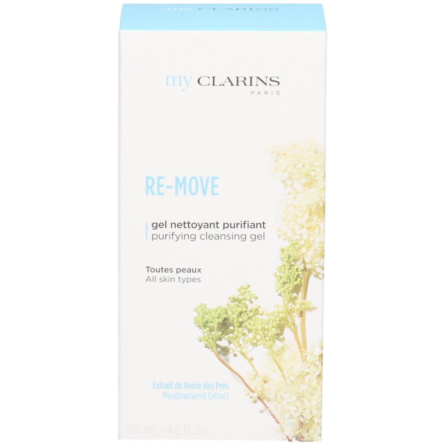 Scatola pieghevole per gel detergente purificante CLA MY RE-MOVE con illustrazione floreale.