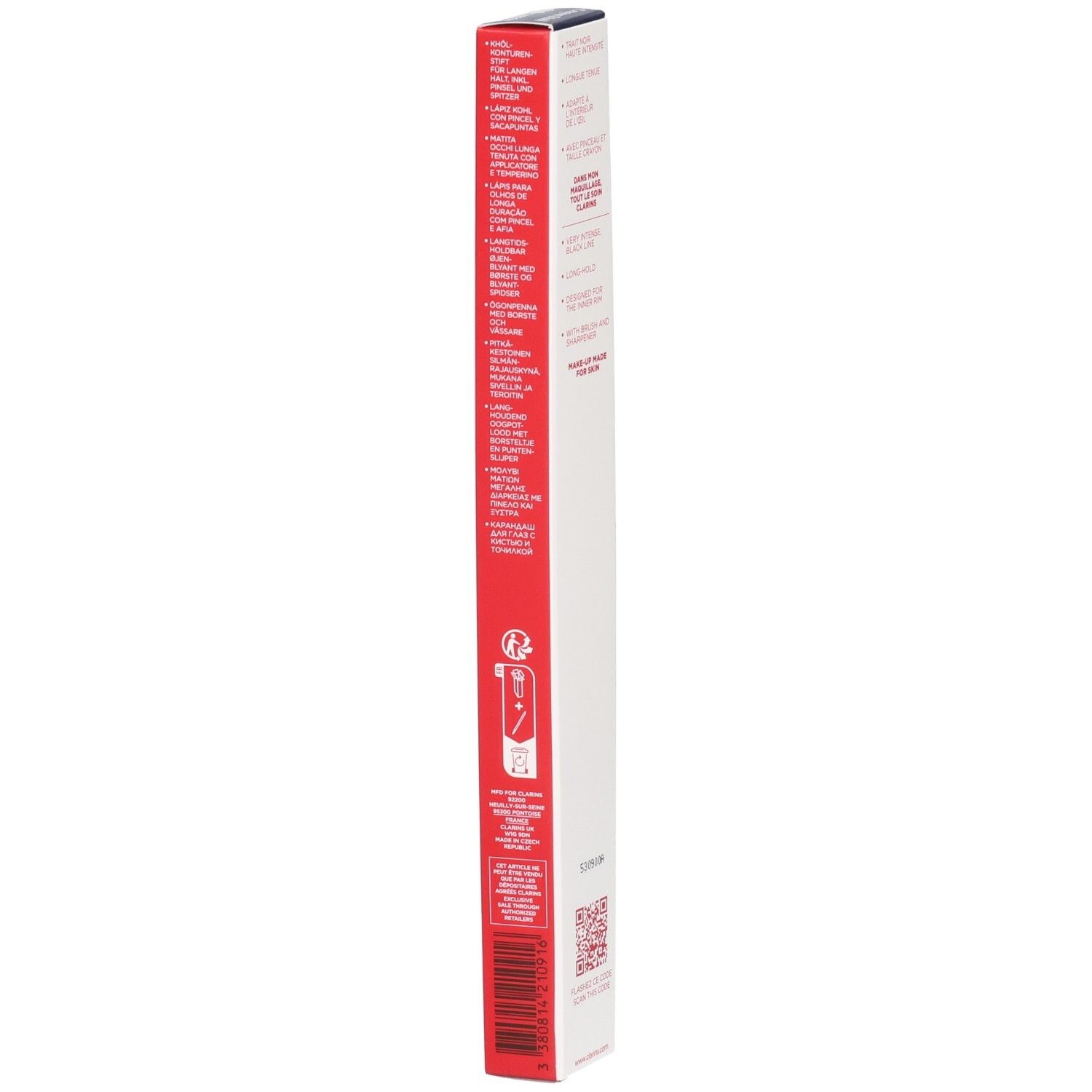 Clarins Crayon Khôl 01 Carbon Black, confezione con testo e simboli.