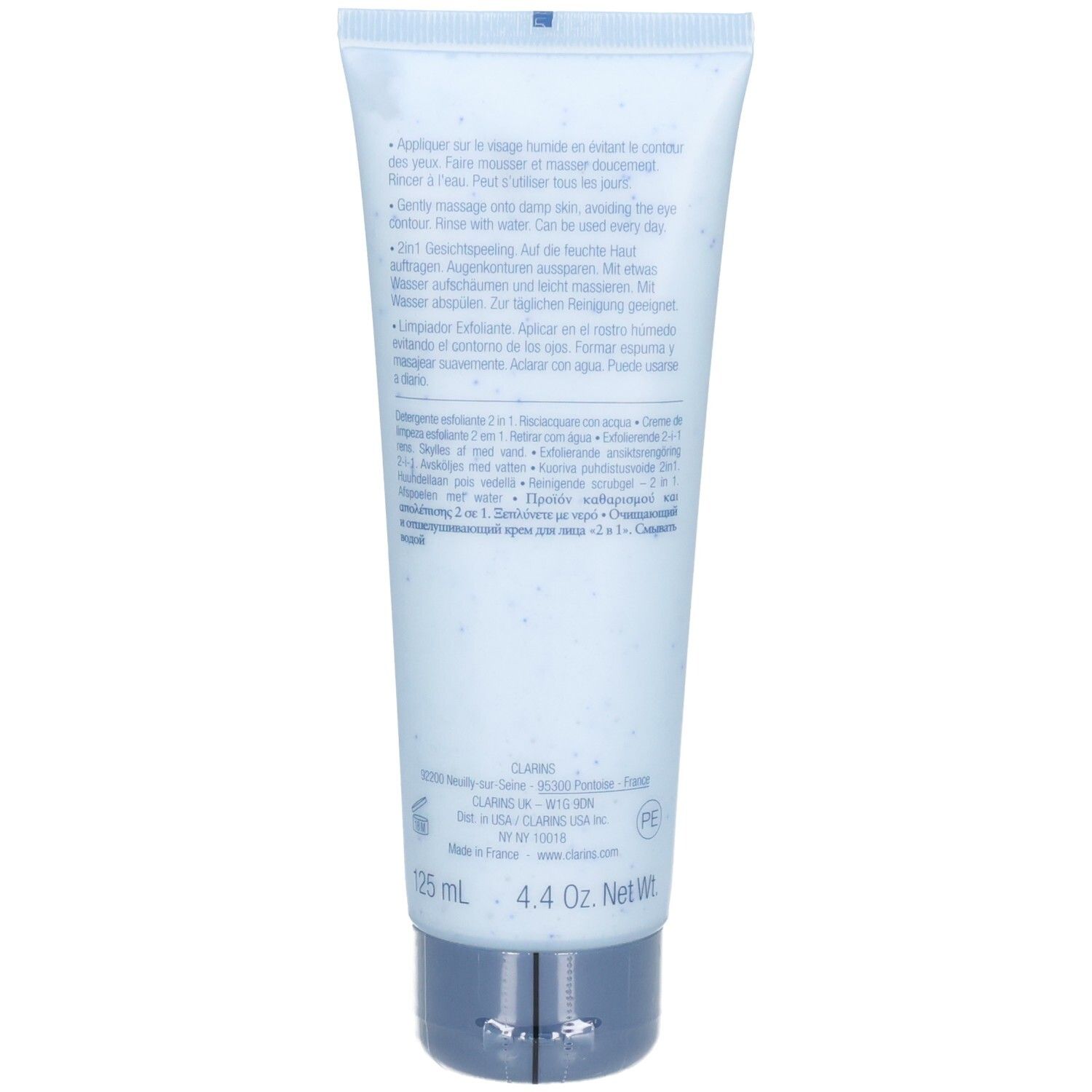 Retro del tubo ClarinsMen Detergente Esfoliante con istruzioni per l'uso e informazioni sul prodotto.