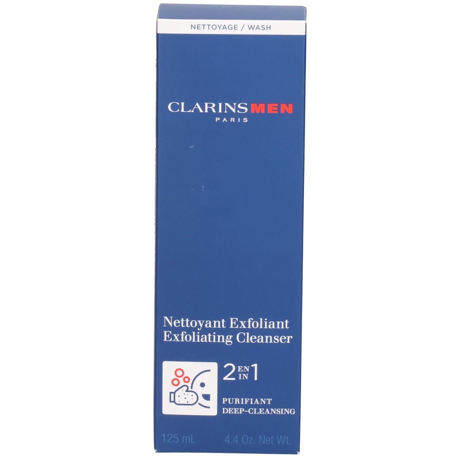 Fronte della scatola pieghevole ClarinsMen Detergente Esfoliante, 125 ml.