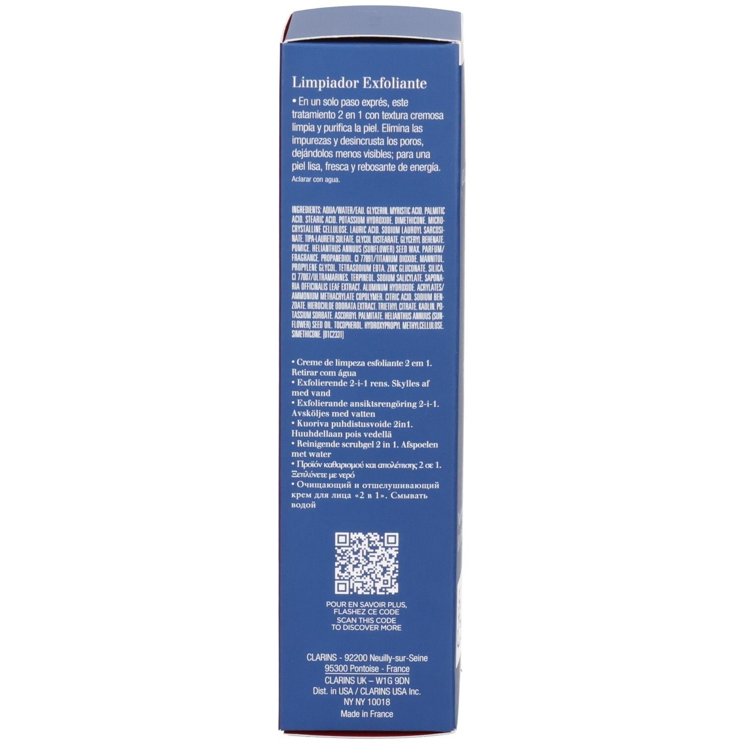 Vista laterale della scatola pieghevole ClarinsMen Detergente Esfoliante con ingredienti e istruzioni.