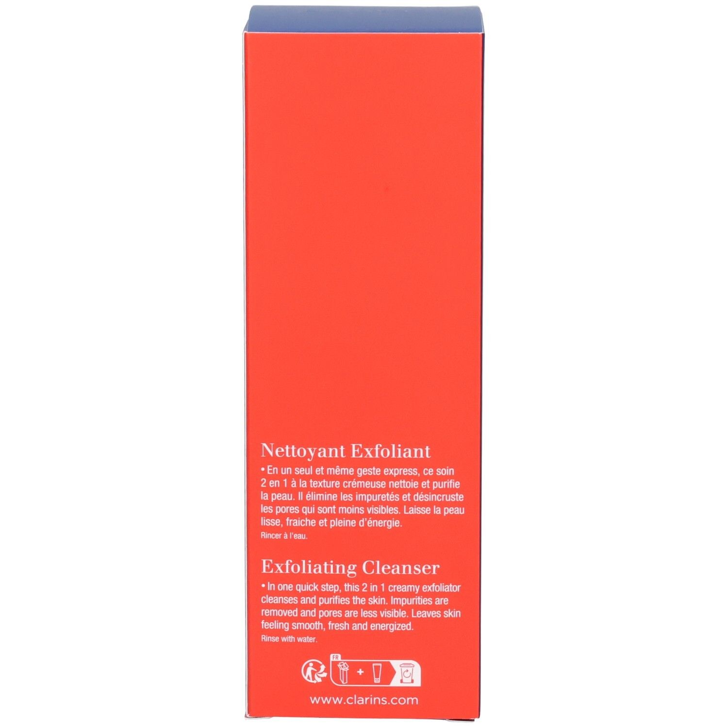 Retro della scatola pieghevole ClarinsMen Detergente Esfoliante con descrizione del prodotto.