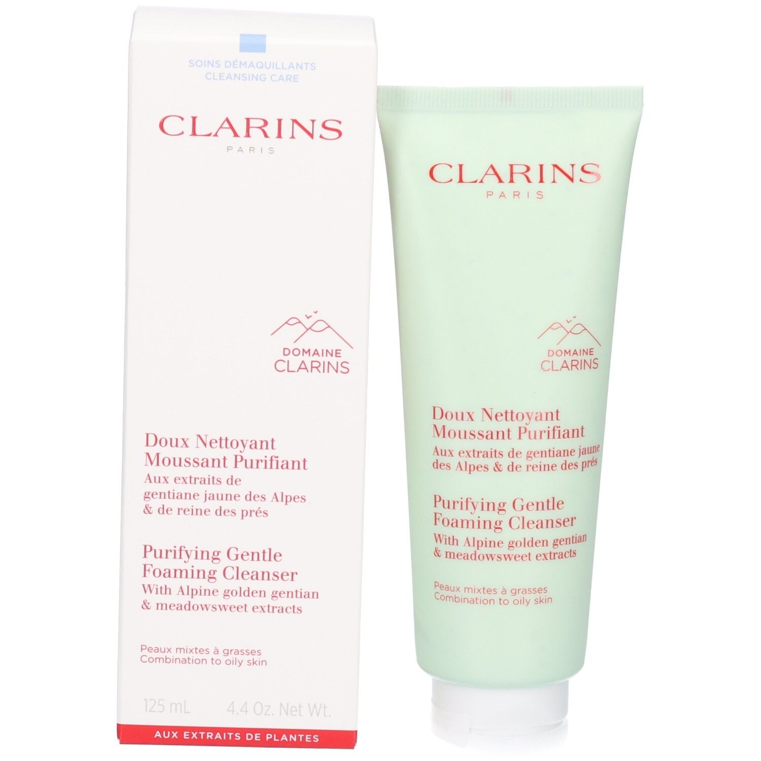 Detergente Clarins e la sua confezione. Il tubo è verde chiaro, la scatola è bianca con accenti rossi.