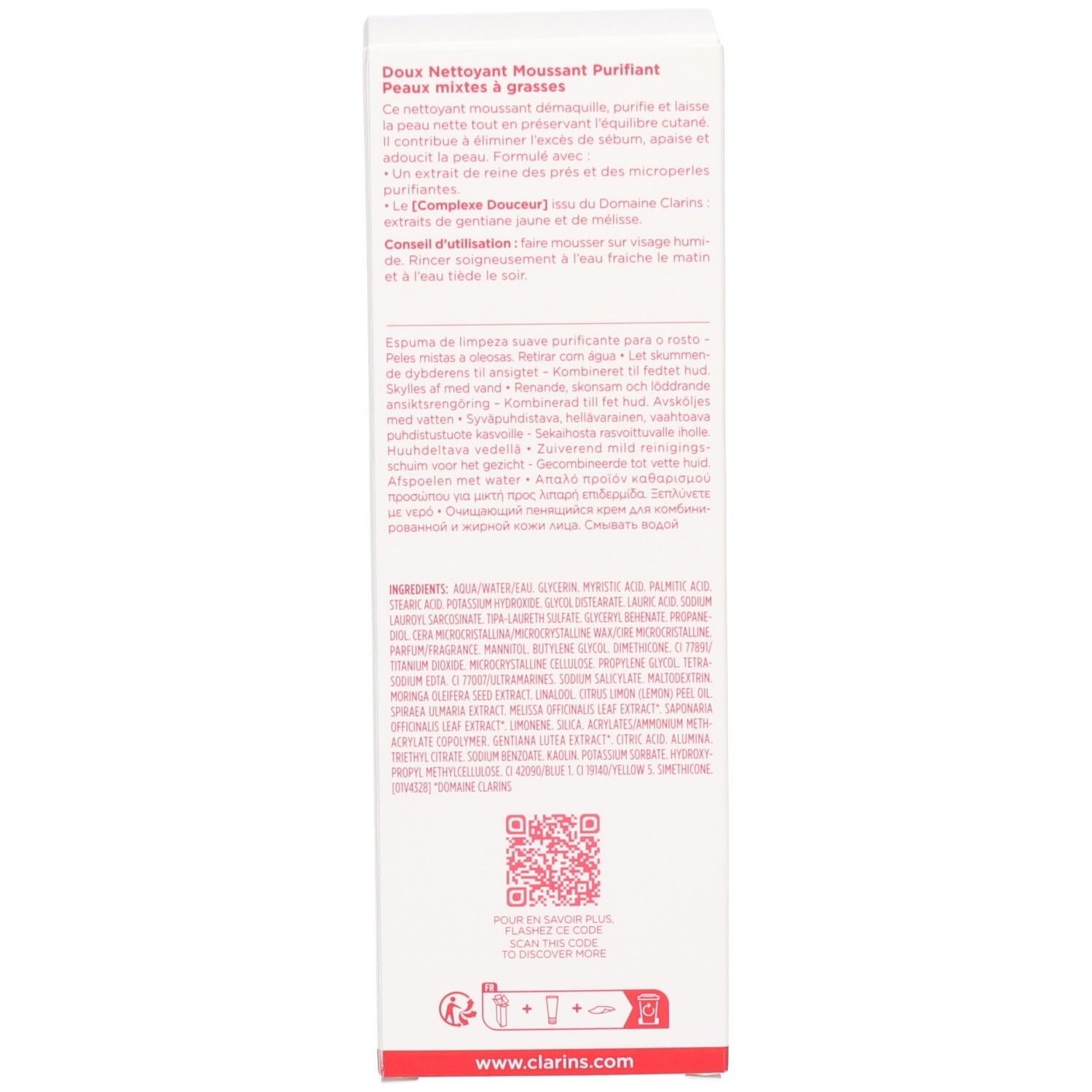 Retro della confezione del detergente Clarins con ingredienti, codice QR e informazioni sul sito web.
