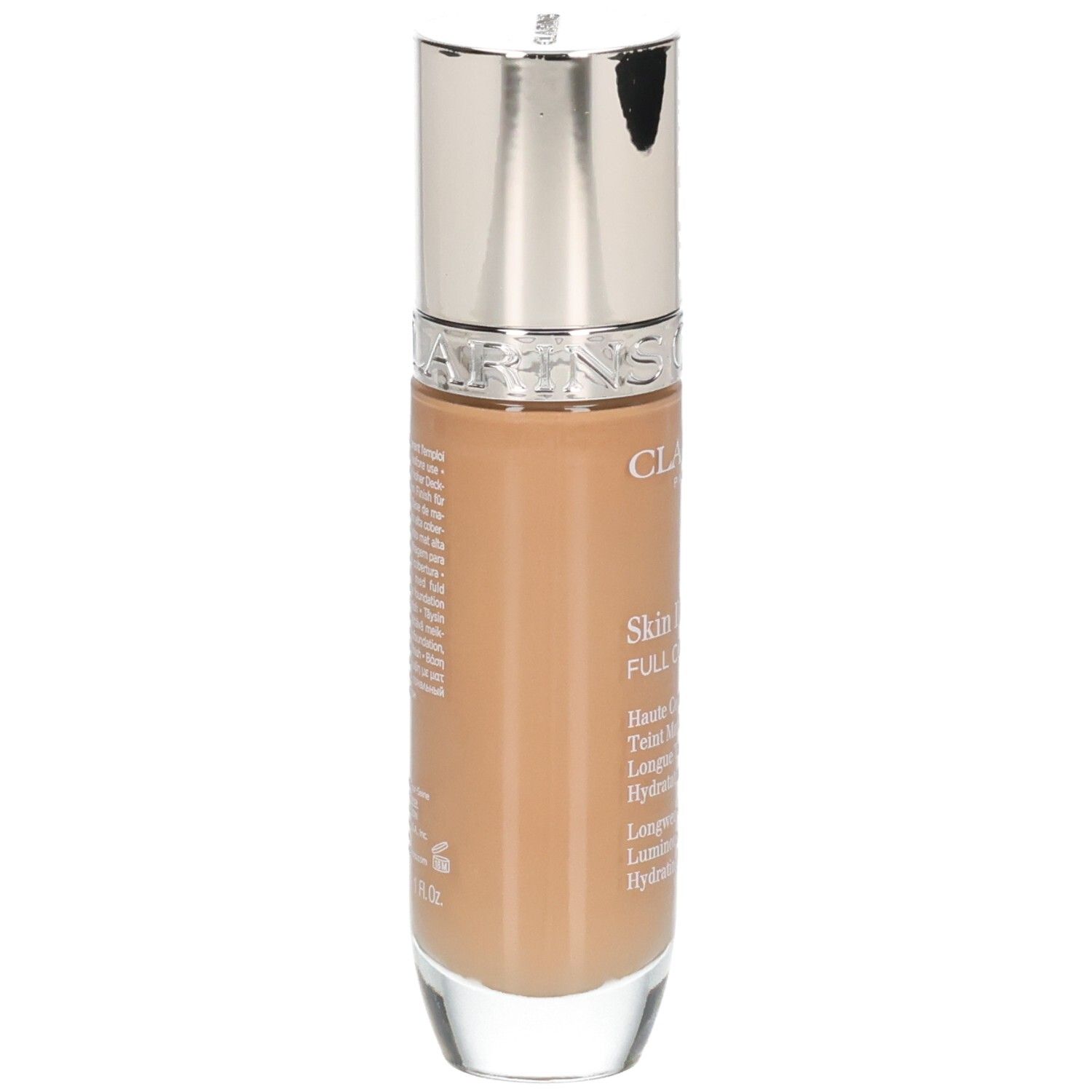 Fondotinta Clarins Skin Illusion Full Coverage, retro del flacone con informazioni sul prodotto.