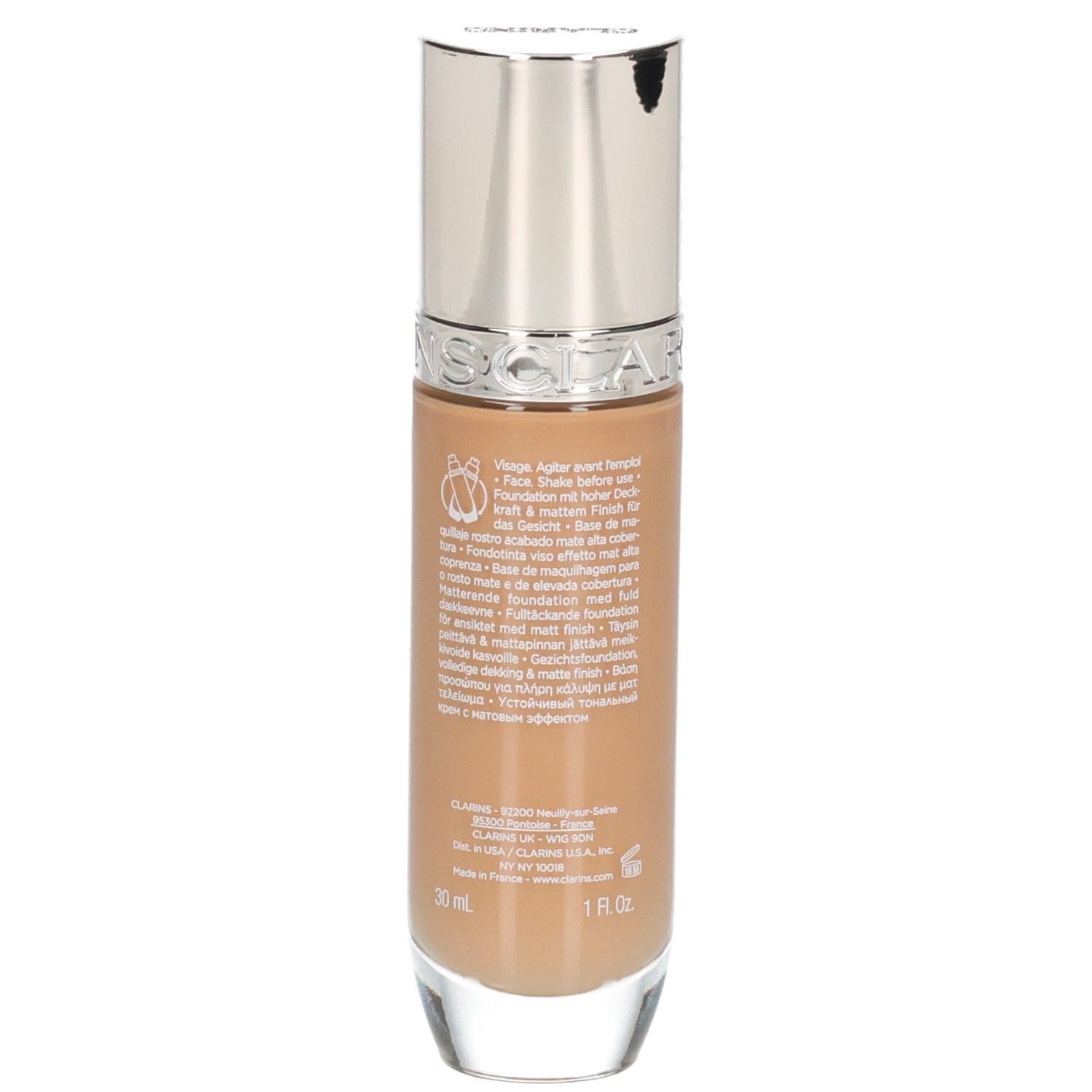 Fondotinta Clarins Skin Illusion Full Coverage, vista laterale con istruzioni d'uso dettagliate.