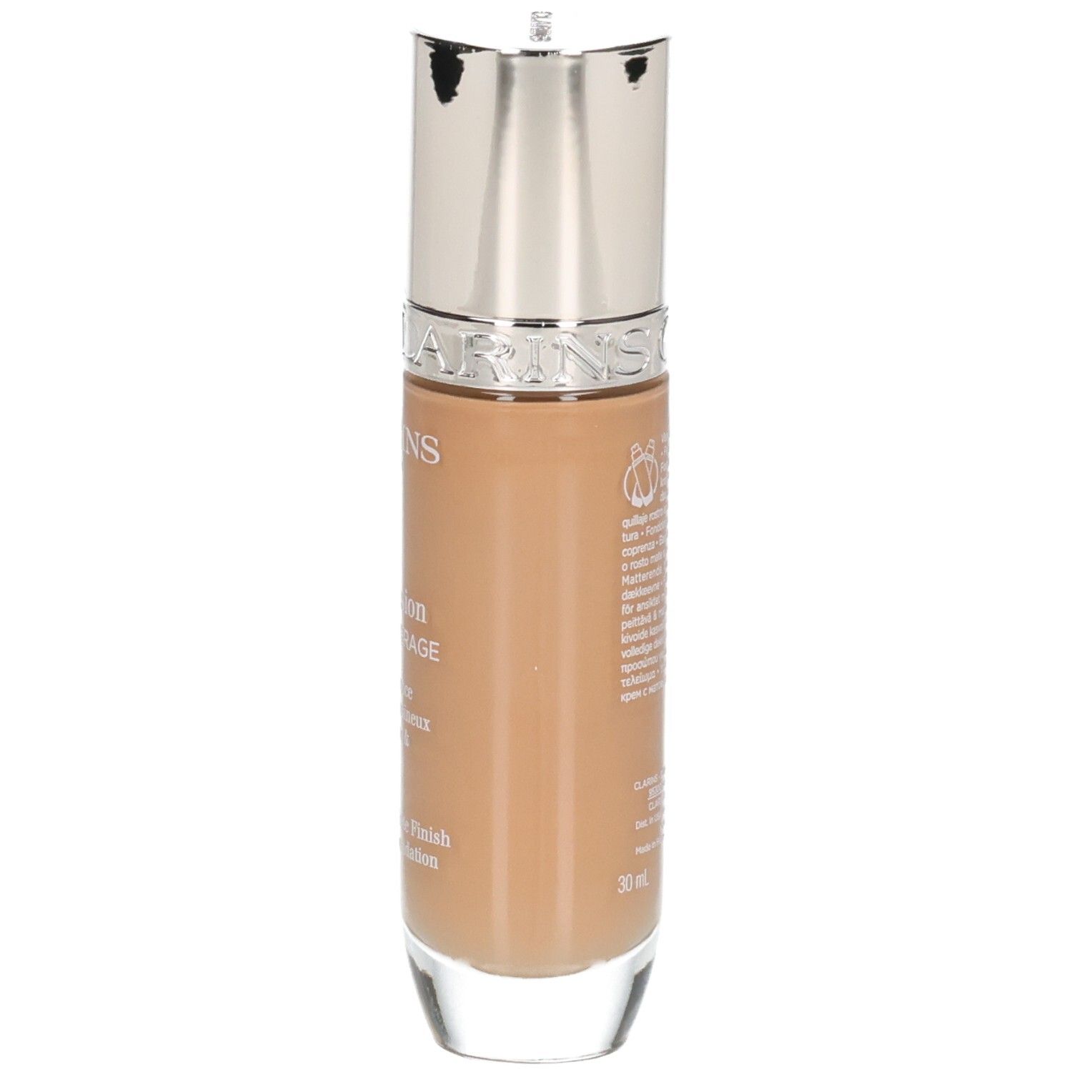 Fondotinta Clarins Skin Illusion Full Coverage, vista laterale del flacone con testo del prodotto.