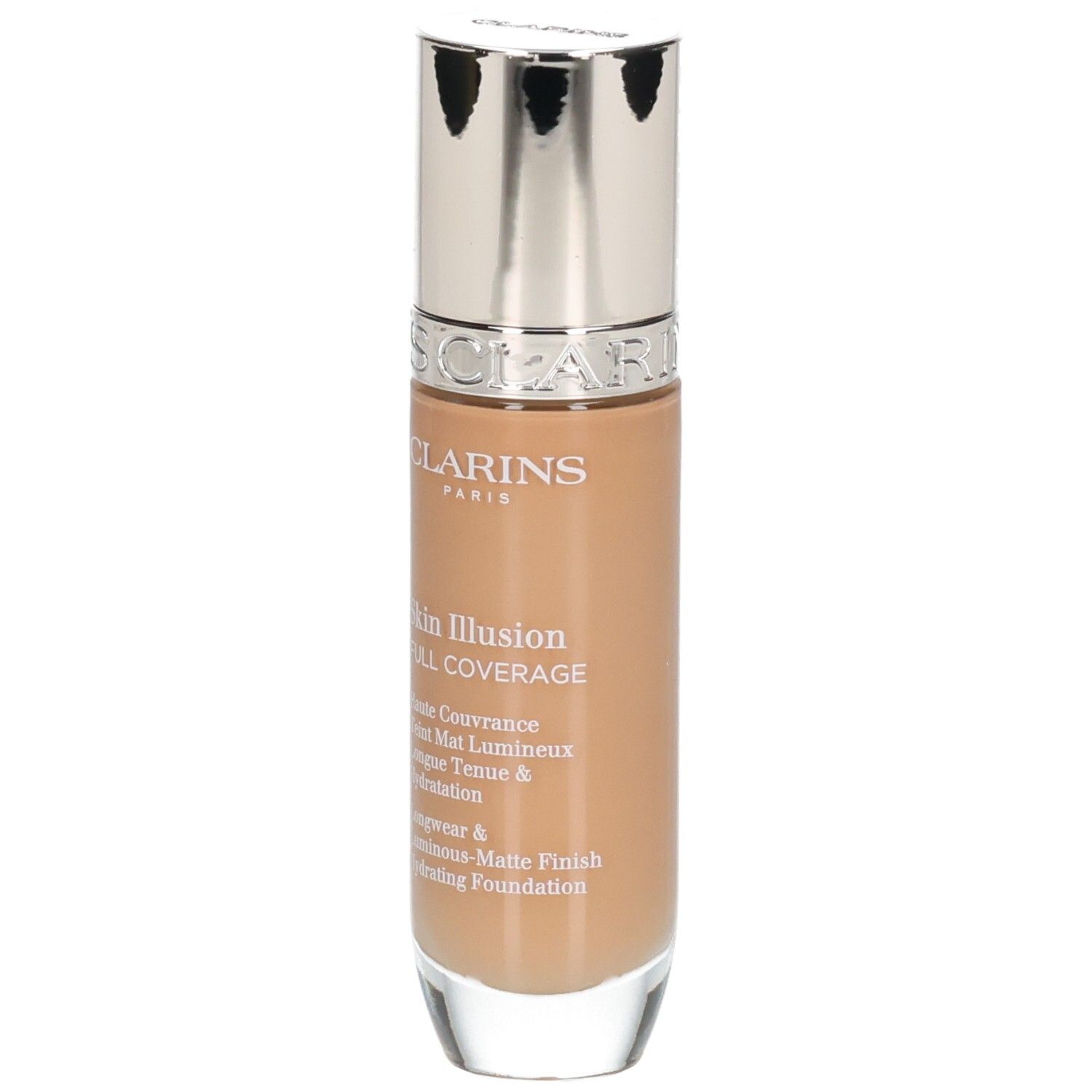 Fondotinta Clarins Skin Illusion Full Coverage tonalità 113C in flacone di vetro con tappo argentato.