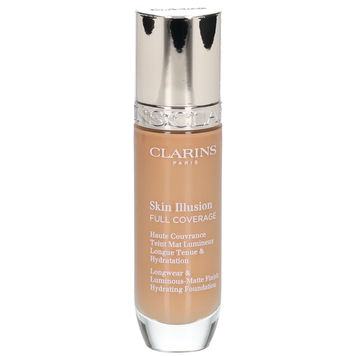 Fondotinta Clarins Skin Illusion Full Coverage, flacone con tappo applicatore argentato.