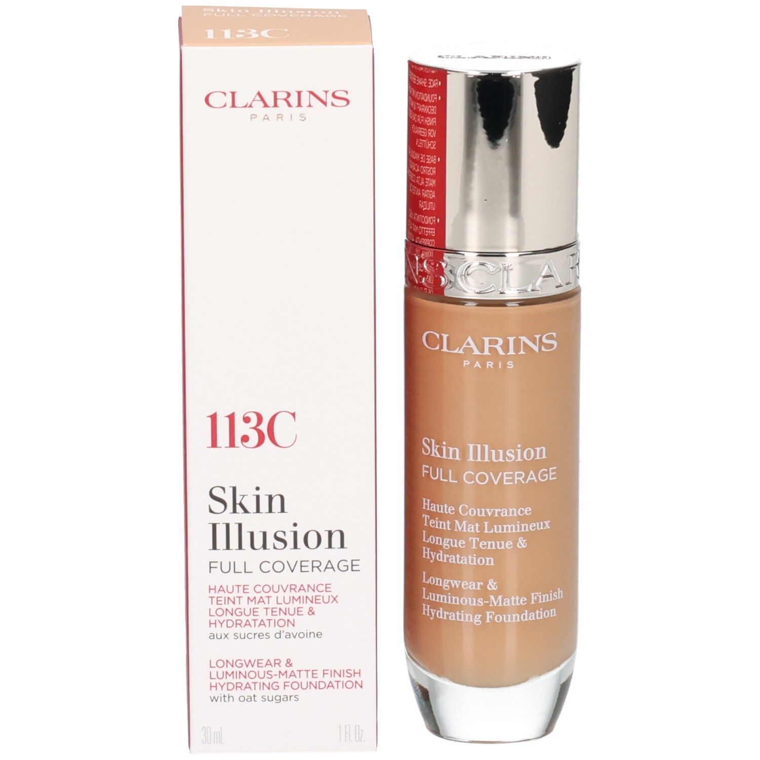 Fondotinta Clarins Skin Illusion Full Coverage 113C e la sua confezione.