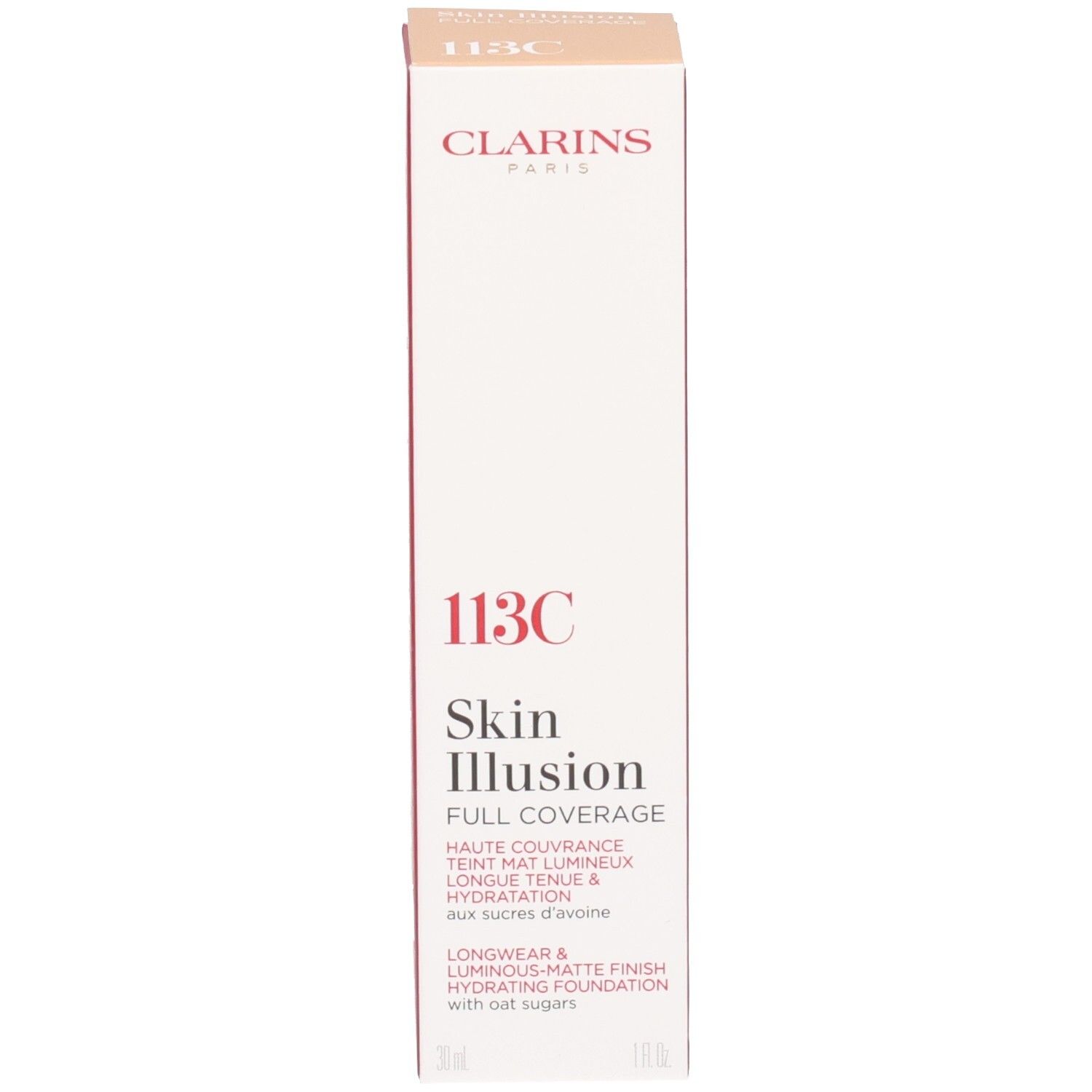Fondotinta Clarins Skin Illusion Full Coverage 113C sulla confezione.