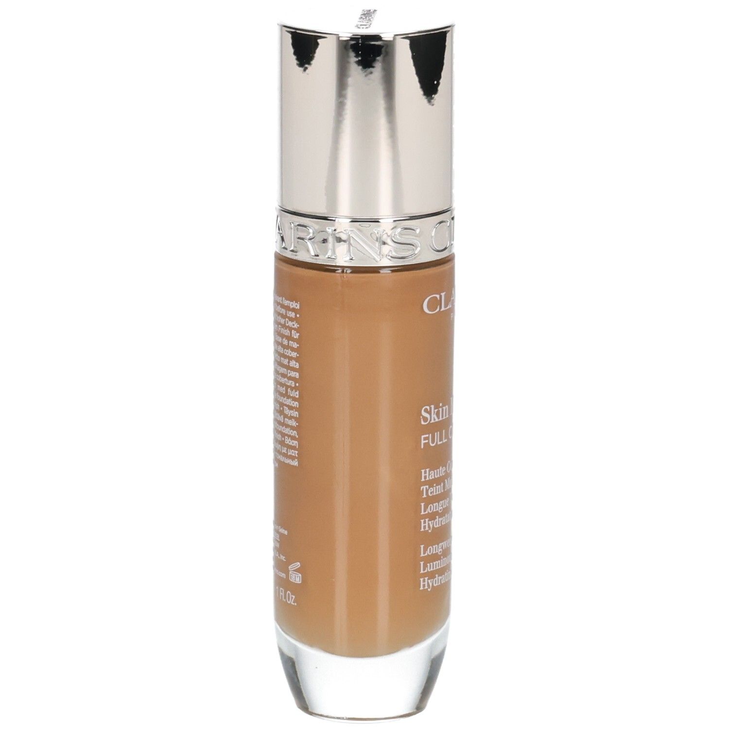 Clarins Skin Illusion Full Coverage Foundation 116.5W. Vista laterale del flacone con tappo argentato.