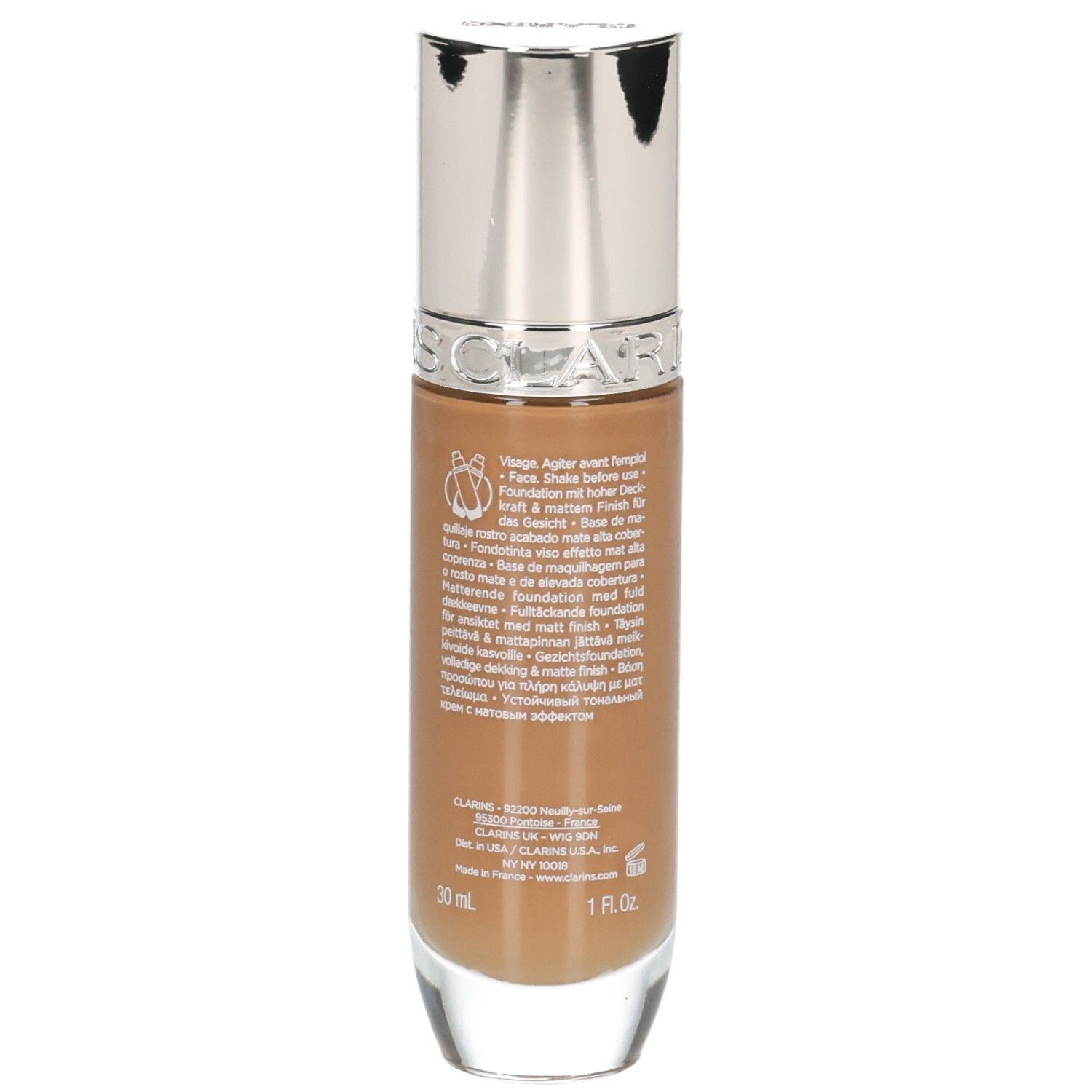 Clarins Skin Illusion Full Coverage Foundation 116.5W. Retro del flacone con informazioni prodotto e indicazione 30ml.