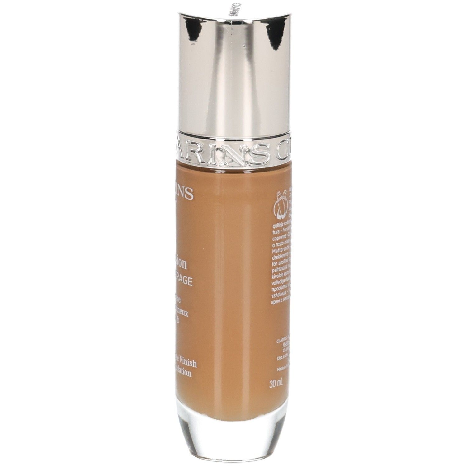 Clarins Skin Illusion Full Coverage Foundation 116.5W. Flacone con tappo argentato, visto leggermente di lato.