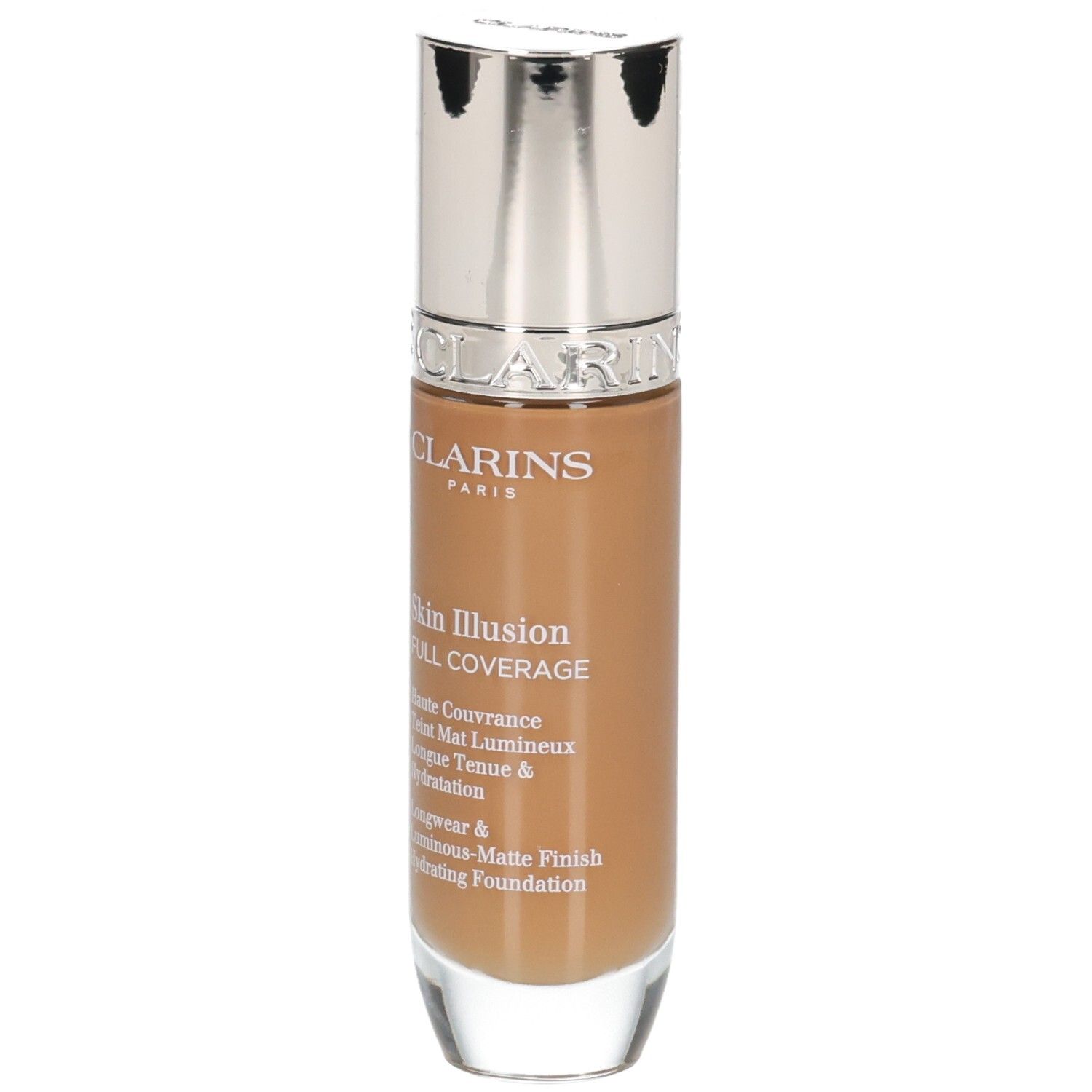 Clarins Skin Illusion Full Coverage Foundation 116.5W. Flacone con tappo argentato, vista frontale.