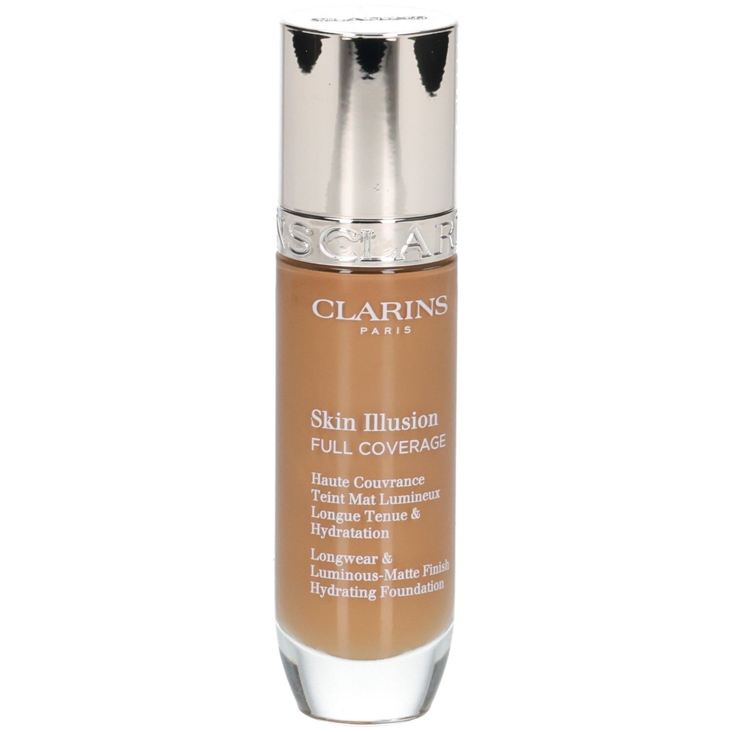 Clarins Skin Illusion Full Coverage Foundation 116.5W. Flacone con tappo argentato, vista frontale.