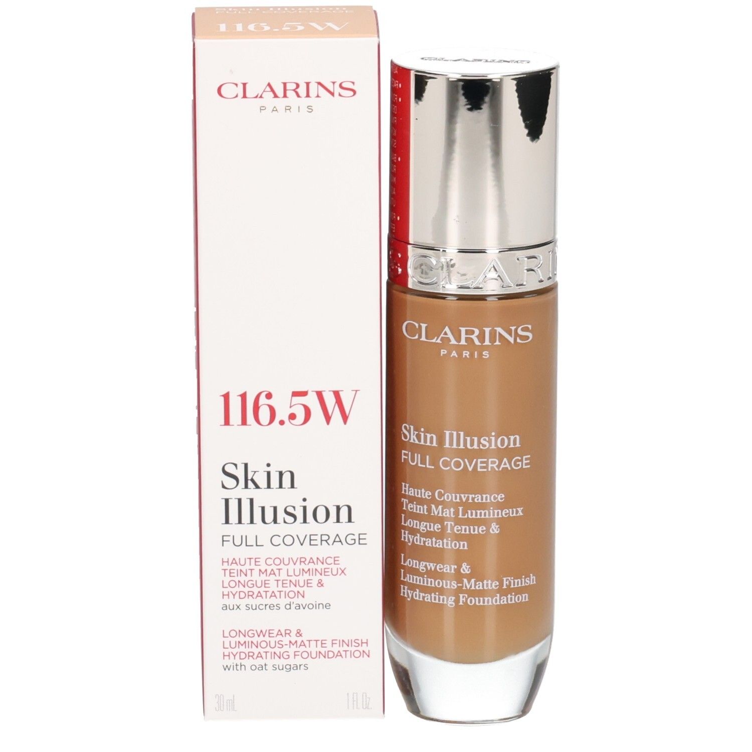 Clarins Skin Illusion Full Coverage Foundation 116.5W e confezione. Flacone con tappo argentato.