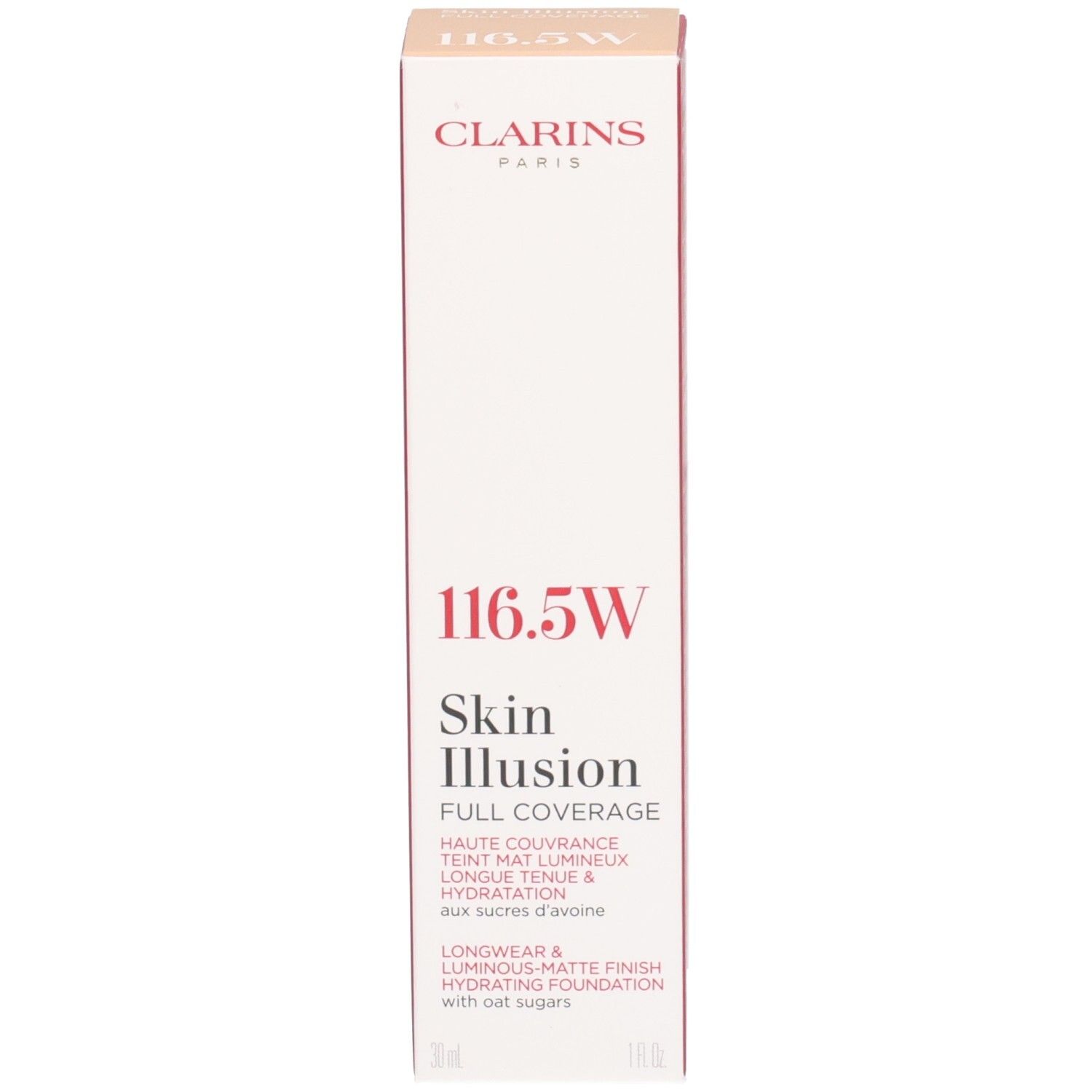 Confezione per Clarins Skin Illusion Full Coverage Foundation 116.5W. Scatola di cartone con informazioni prodotto.