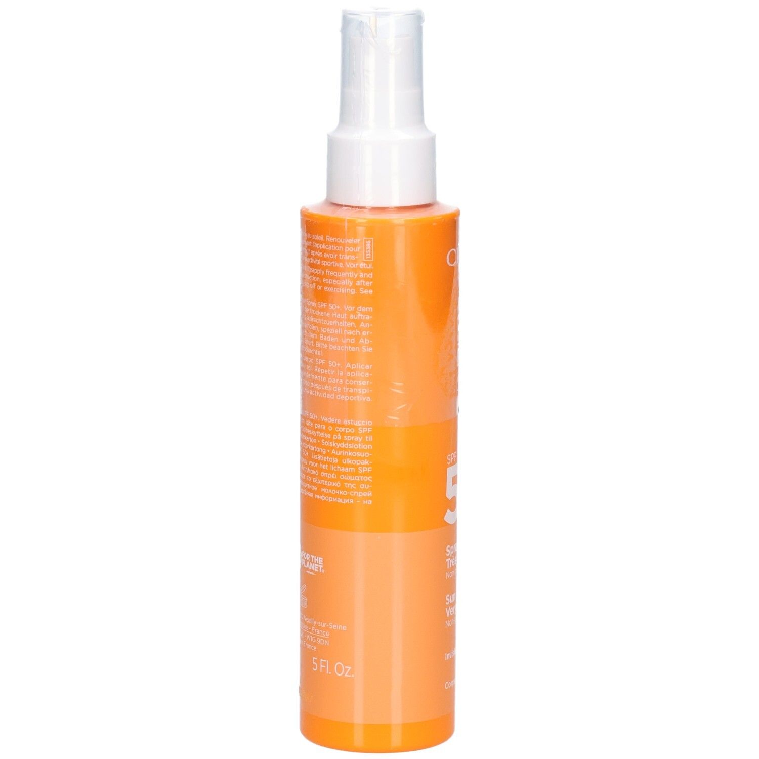 Retro del flacone Clarins Latte Solare Corpo SPF 50+ con informazioni sul prodotto.