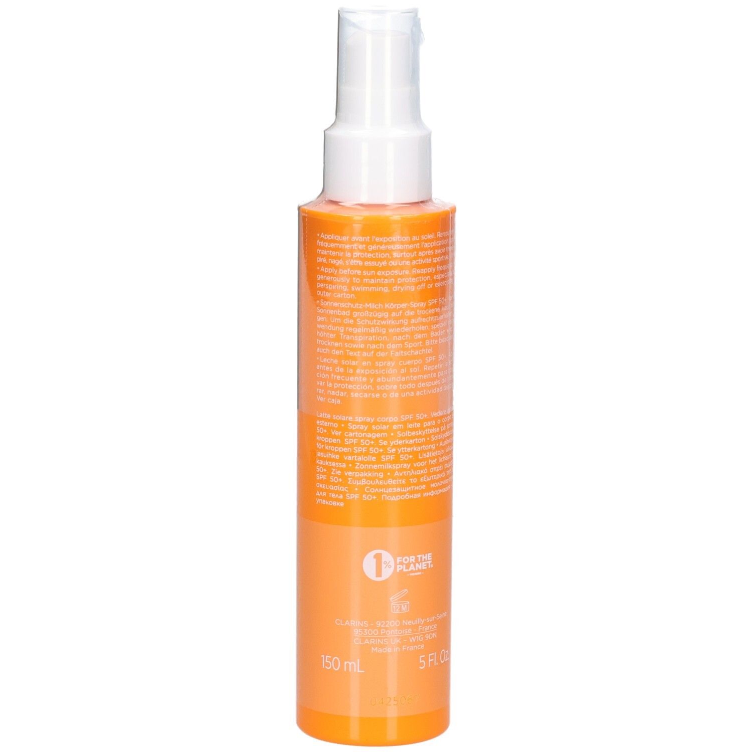 Flacone Clarins Latte Solare Corpo SPF 50+ con indicazione 150 ml e 5 FL. OZ.