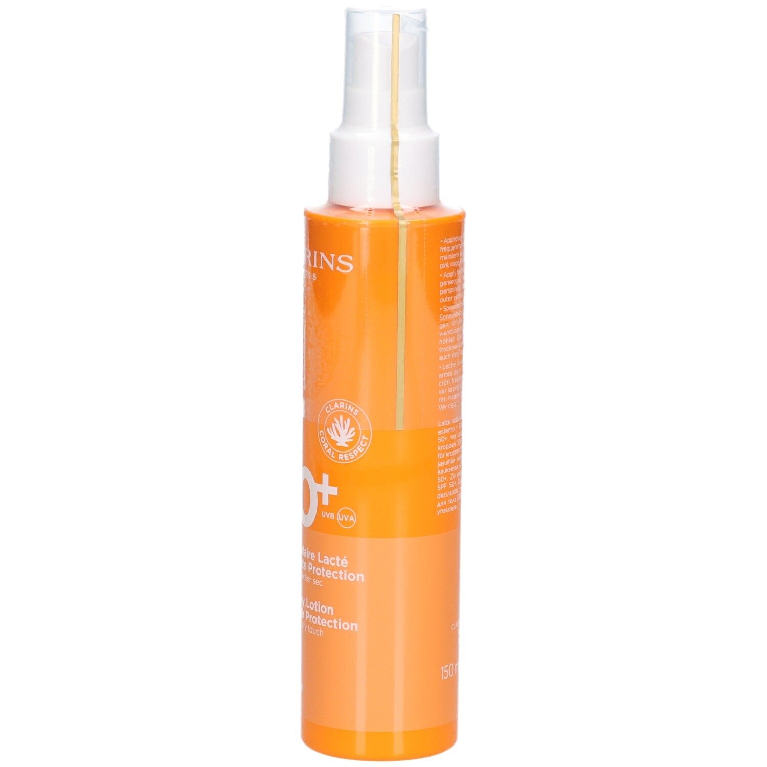 Flacone Clarins Latte Solare Corpo SPF 50+ con sigillo e testo 'Very High Protection'.