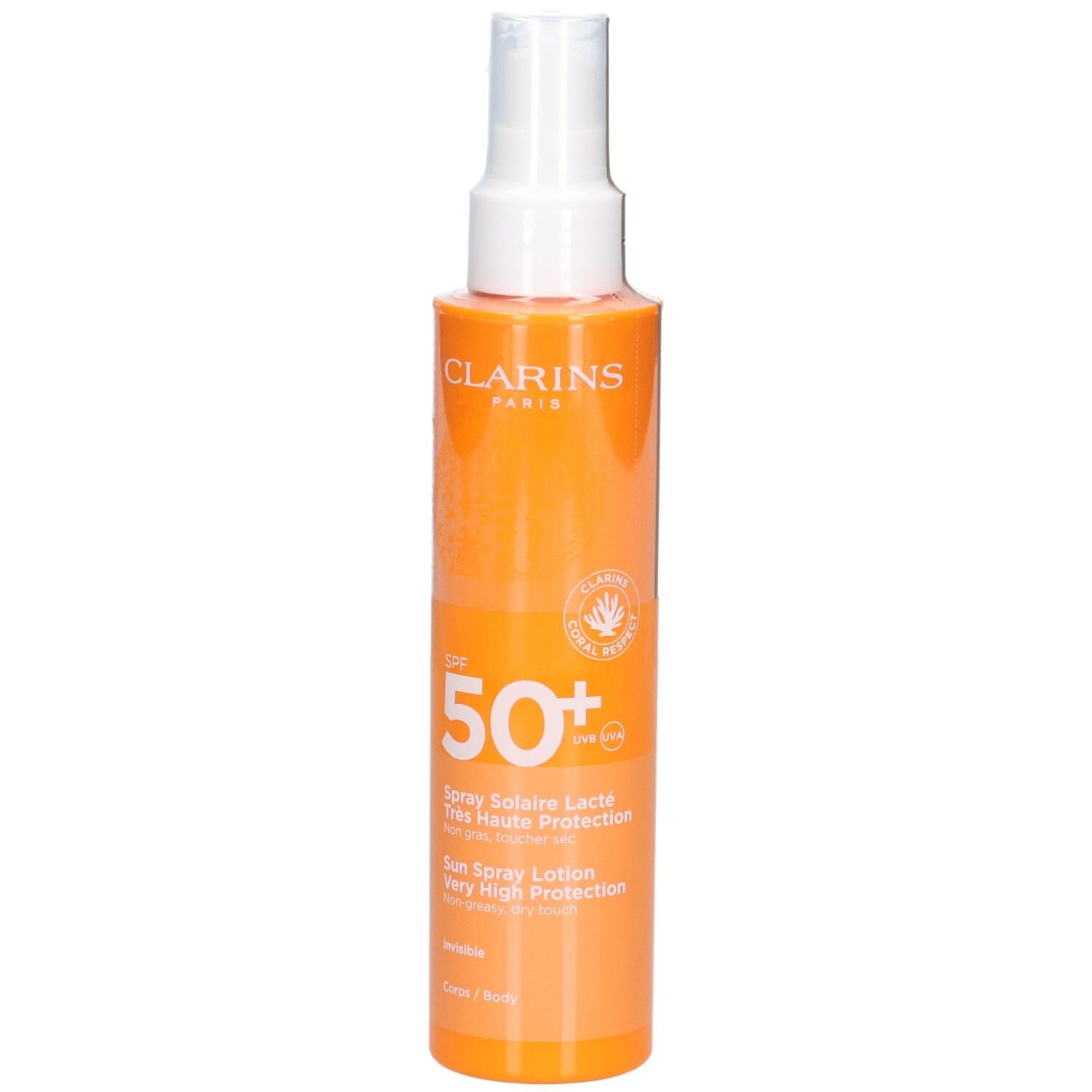 Flacone Clarins Latte Solare Corpo SPF 50+ con sigillo e testo 'Very High Protection'.