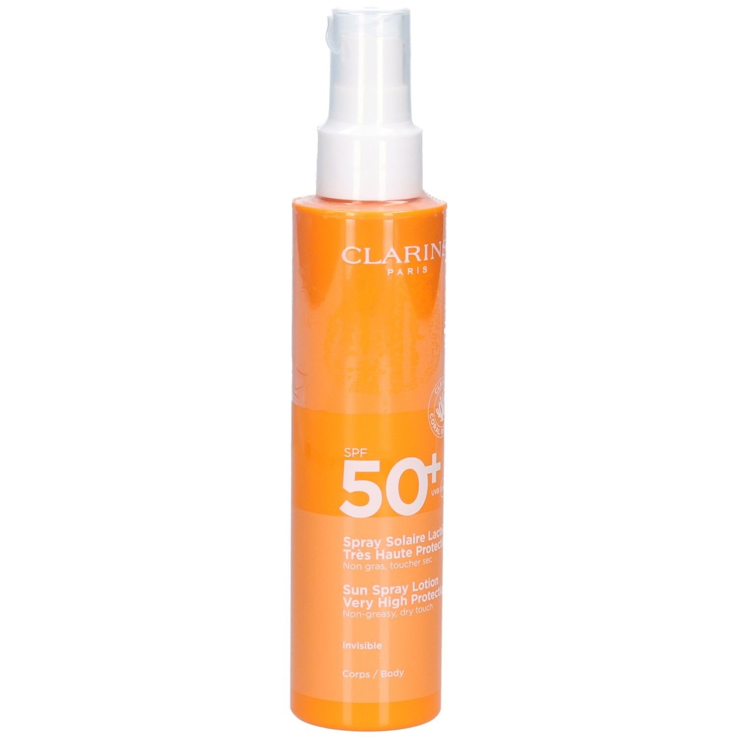 Flacone Clarins Latte Solare Corpo SPF 50+ con sigillo e testo 'Very High Protection'.