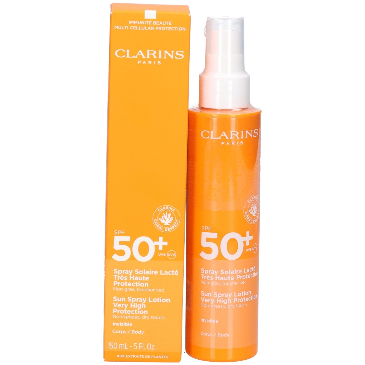 Clarins Latte Solare Corpo SPF 50+ e confezione con indicazione 'SPF 50+'.