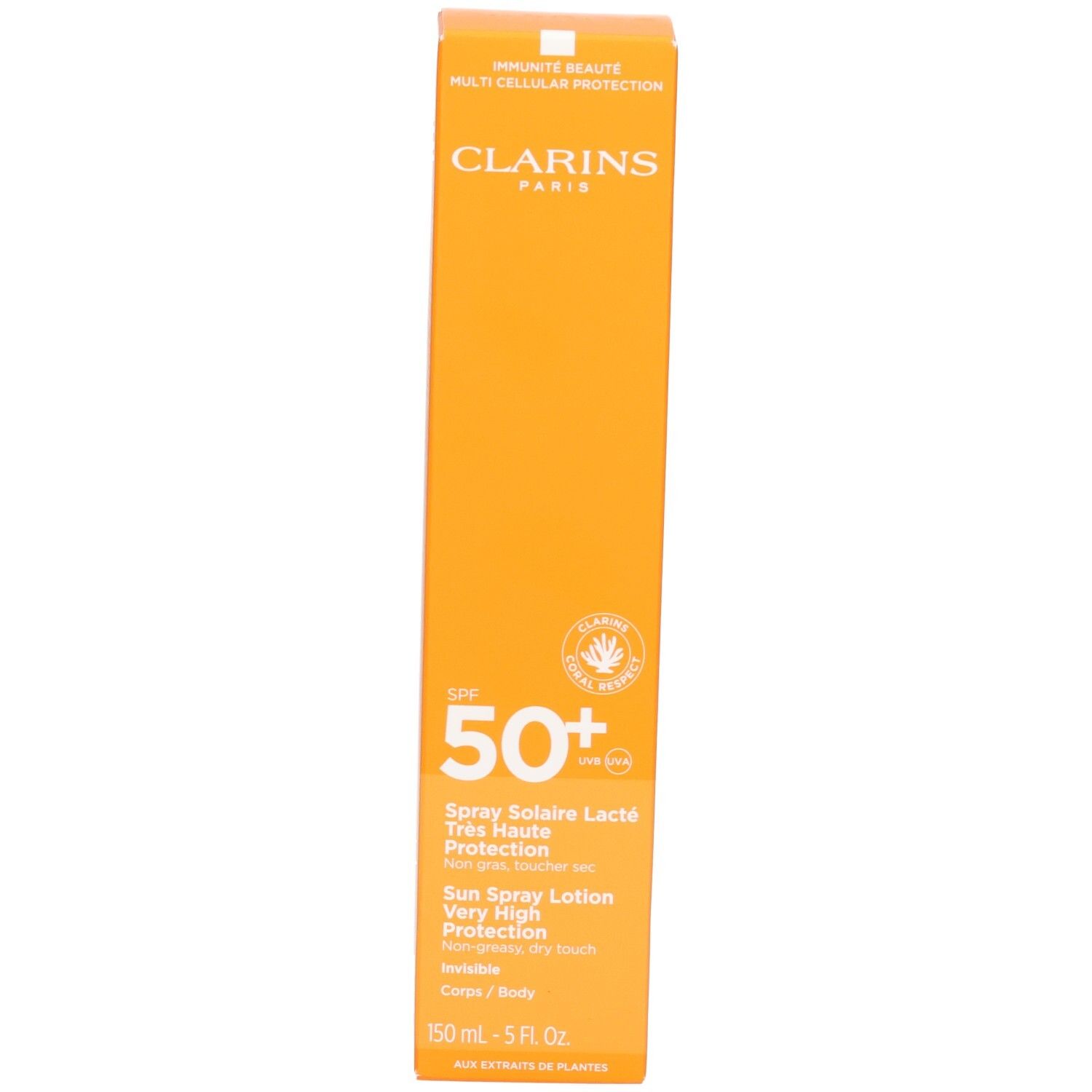 Confezione Clarins Latte Solare Corpo SPF 50+ con indicazione 150 ml e 5 FL. OZ.