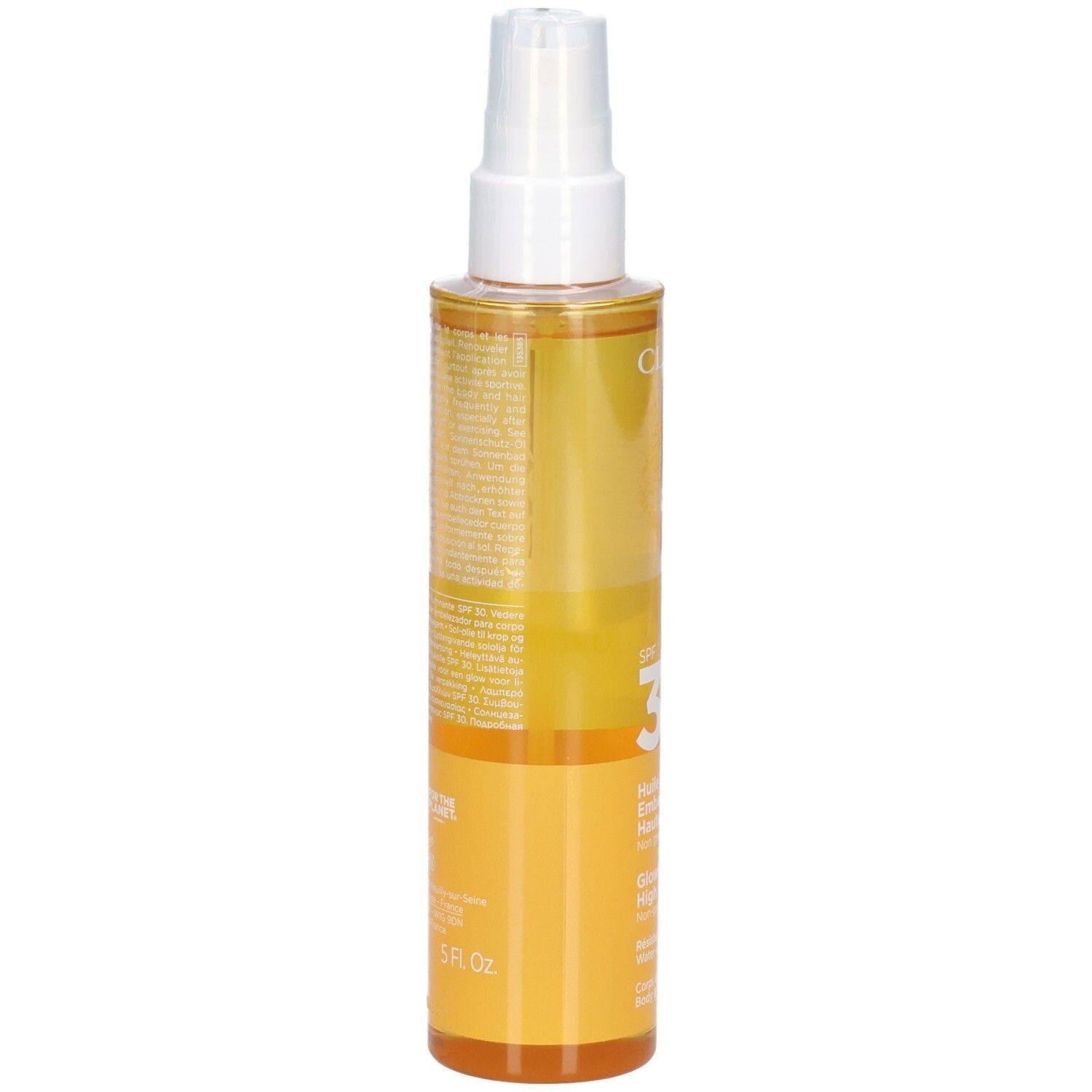 Olio solare Clarins SPF 30, vista laterale. Flacone trasparente con spray, olio giallo.