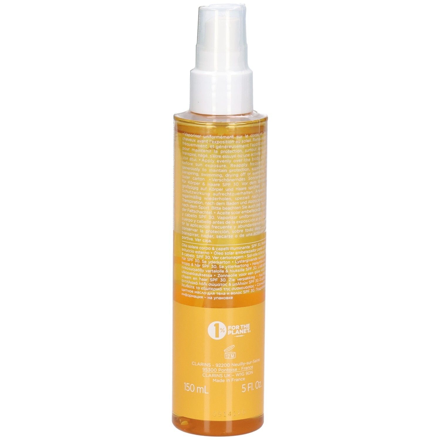 Olio solare Clarins SPF 30, vista posteriore. Flacone con spray, olio giallo, con testo e logo.