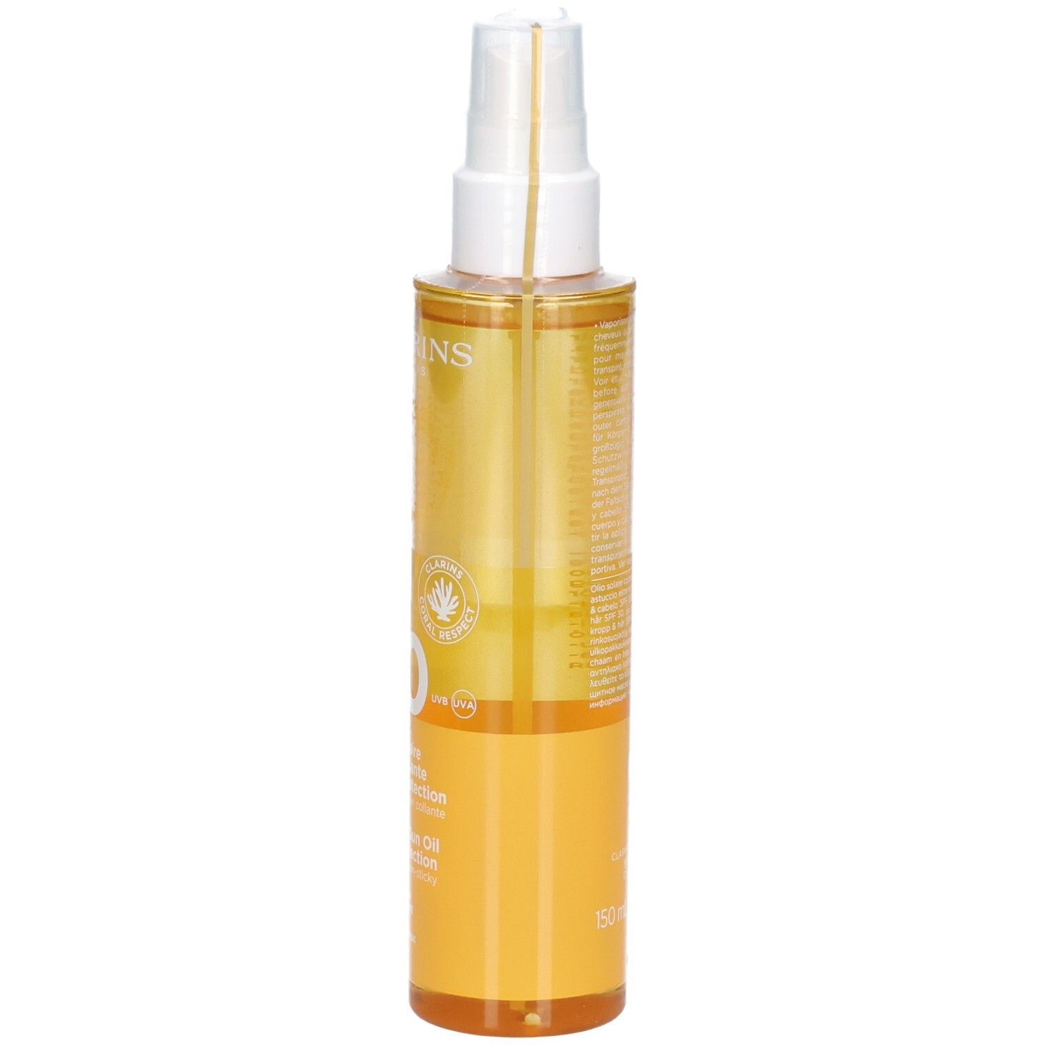 Olio solare Clarins SPF 30, vista laterale. Flacone con spray, olio giallo, con testo.