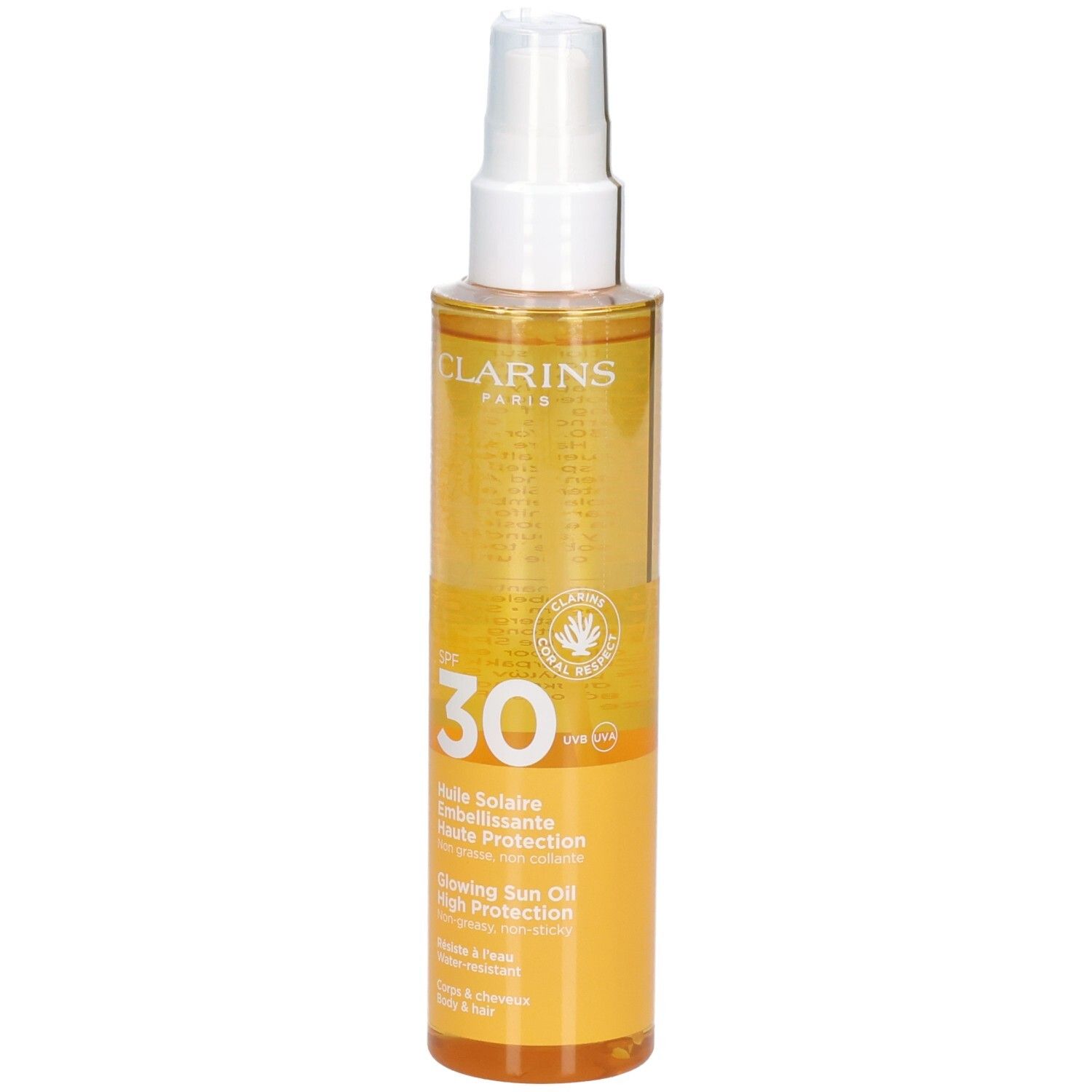 Olio solare Clarins SPF 30, fronte. Flacone trasparente con spray, olio giallo.