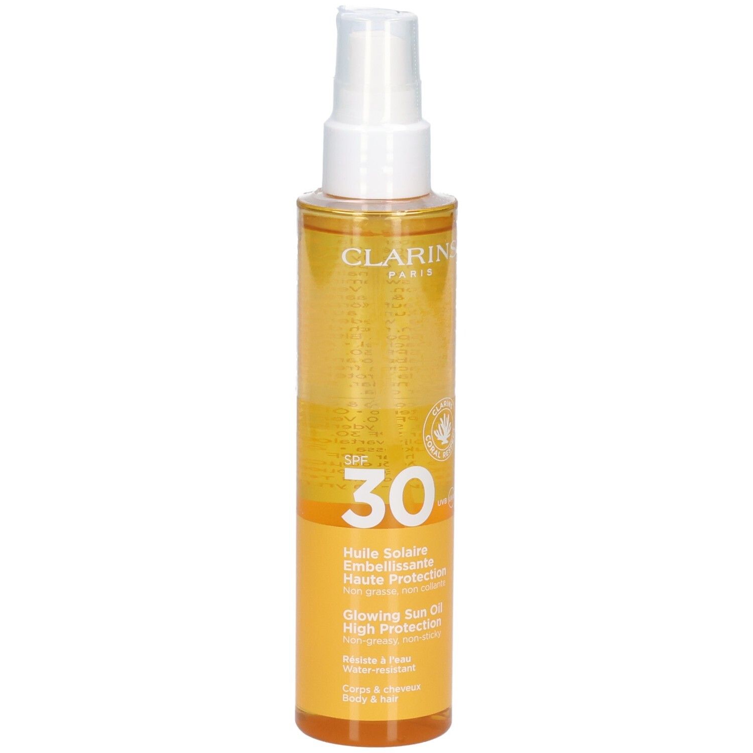 Olio solare Clarins SPF 30, fronte. Flacone trasparente con spray, olio giallo.