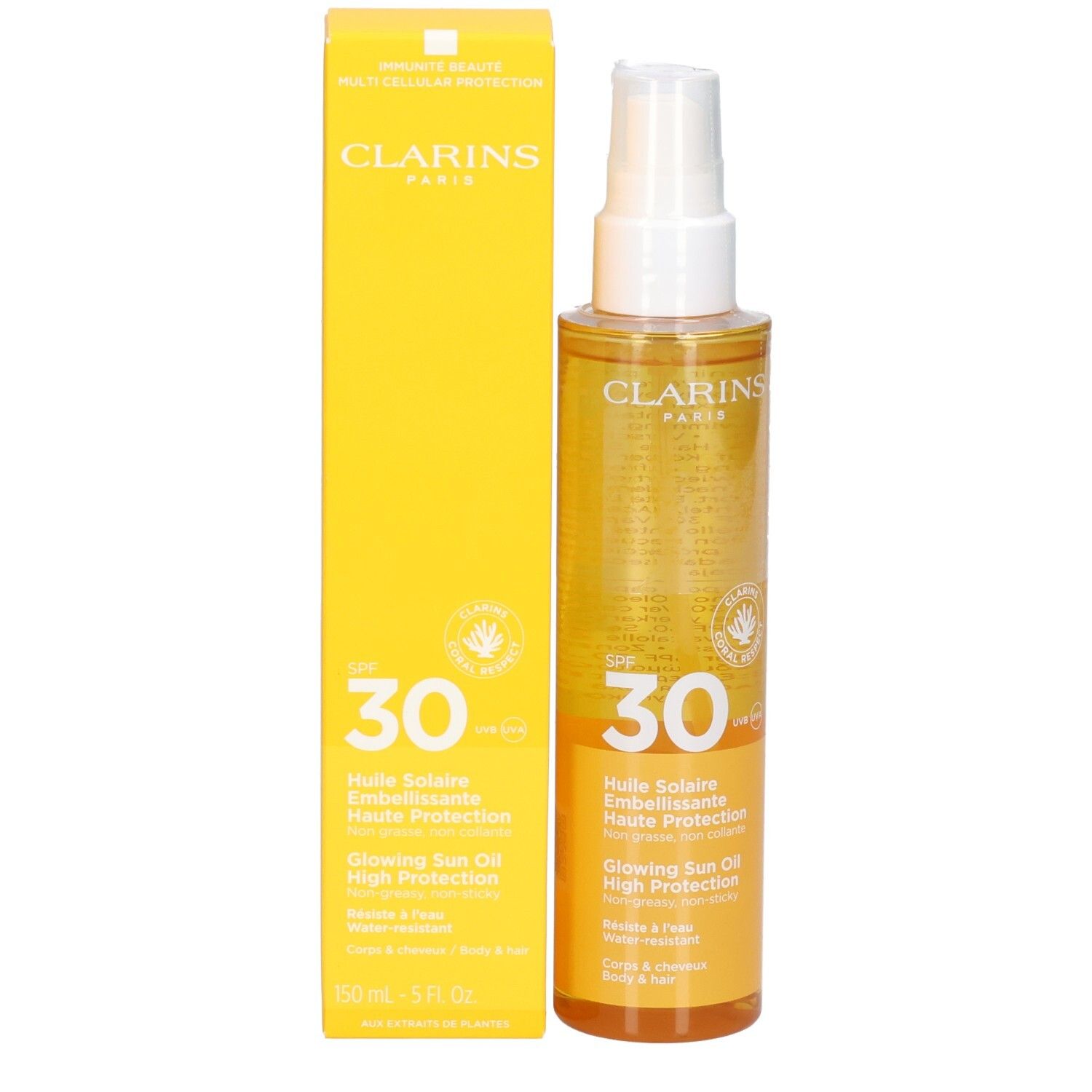 Olio solare Clarins SPF 30 e confezione. Scatola gialla e flacone trasparente con spray.