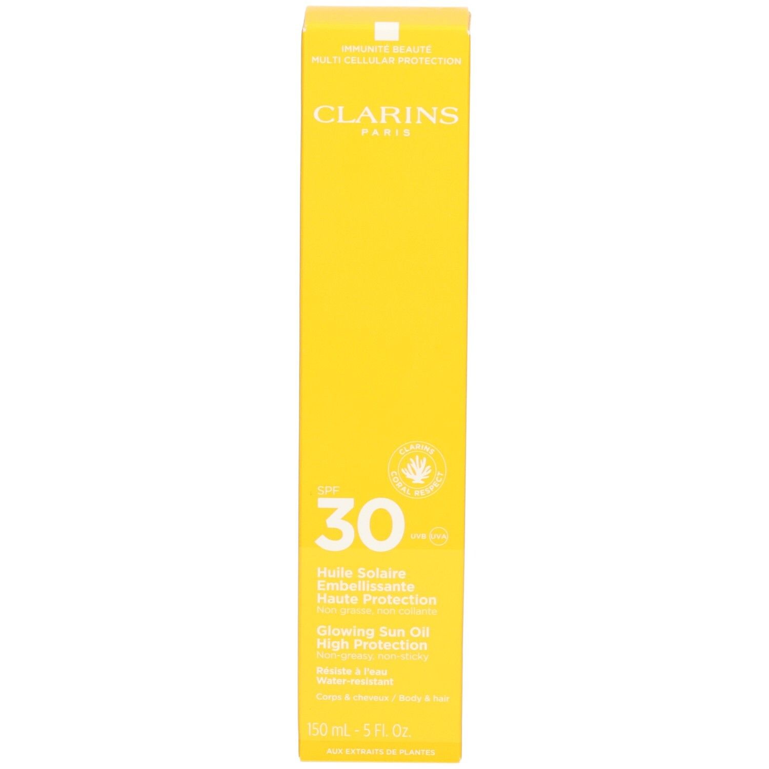 Confezione olio solare Clarins SPF 30. Scatola gialla con informazioni prodotto e SPF 30.