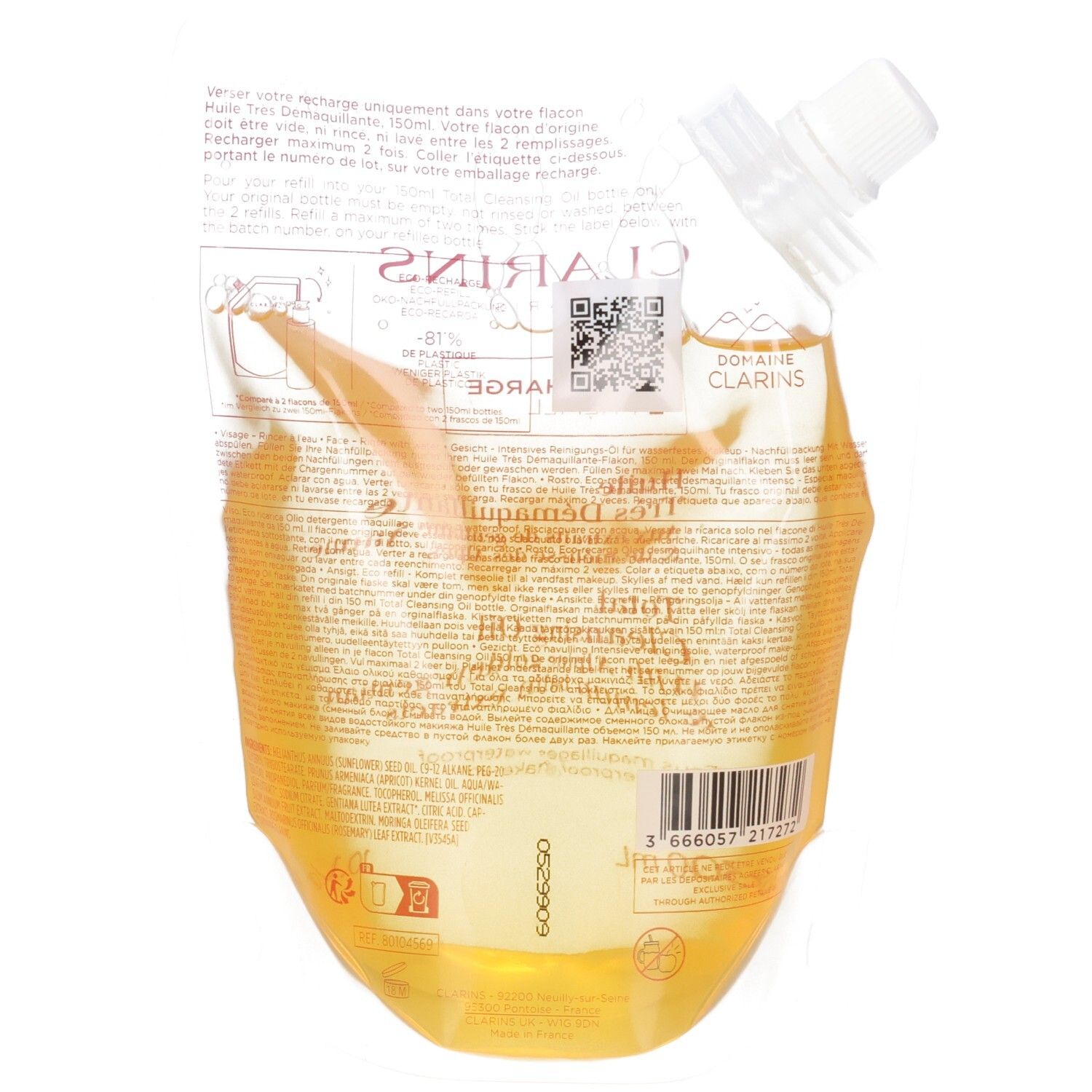 Clarins ricarica per olio struccante. Retro con informazioni sul prodotto e codice a barre. Sacchetto trasparente con olio giallo.
