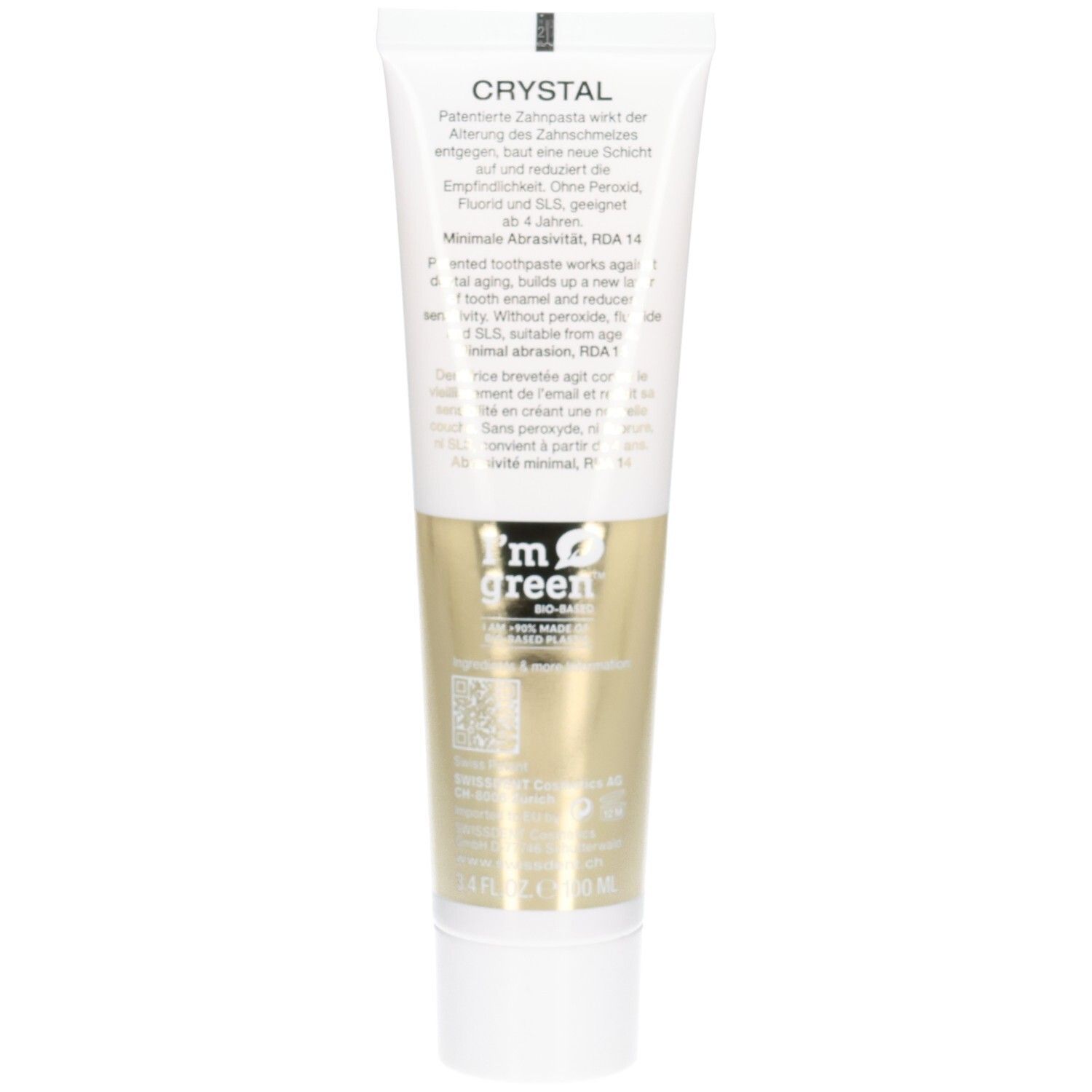 Retro del tubetto di dentifricio. Testo: Crystal, ingredienti, RDA 14, logo I'm green. Prodotto in Svizzera. 50 ml.