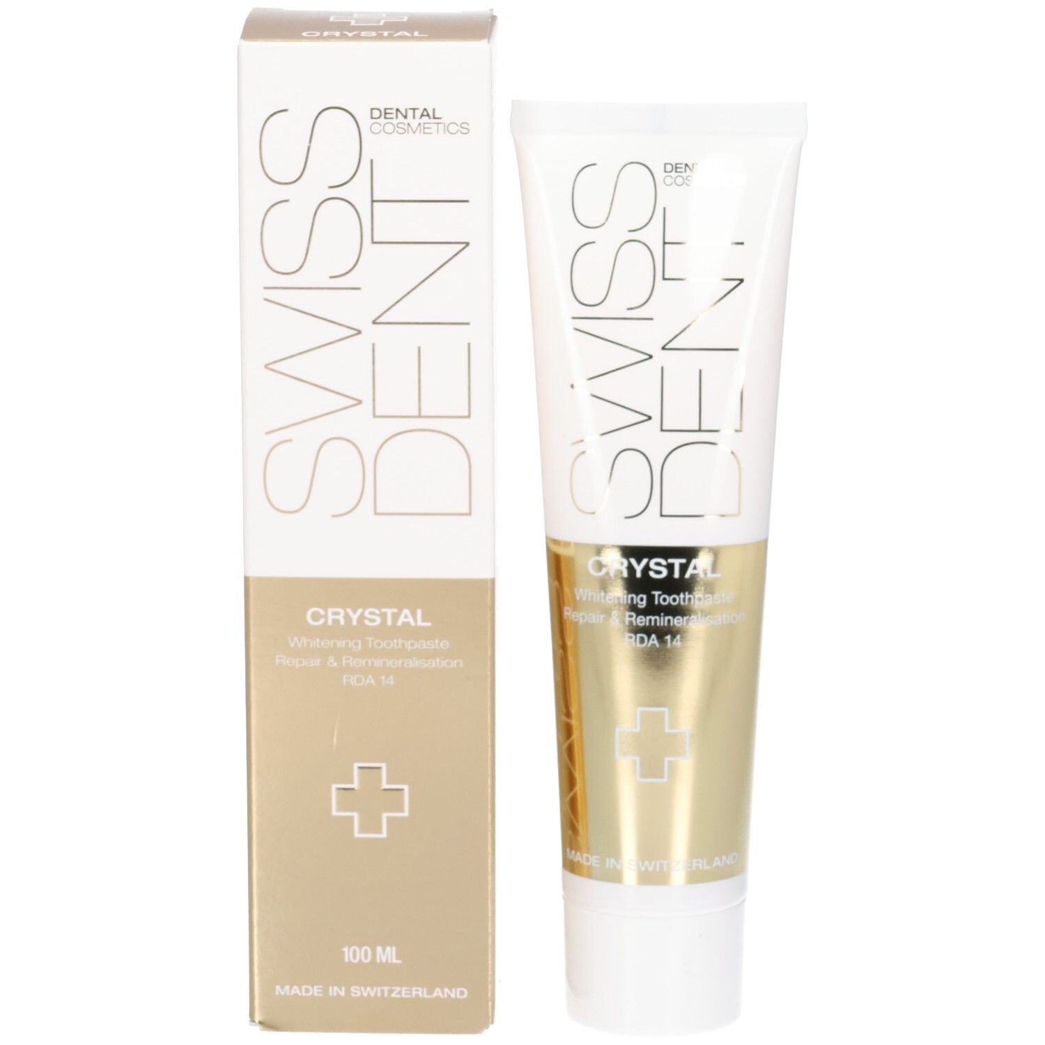 Tubo e scatola di dentifricio. Tubo: Swissdent, Crystal. Scatola: Swissdent, Crystal, 100 ml. Croce svizzera. Prodotto in Svizzera.