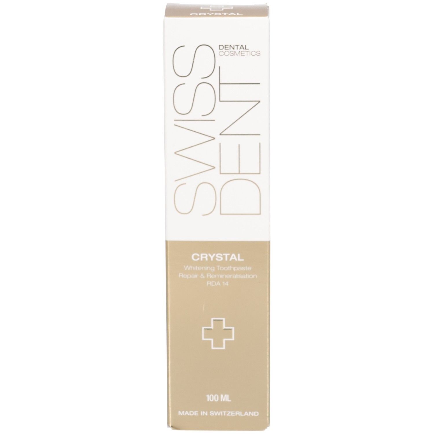 Scatola, bianca e oro. Scritta Swissdent, Crystal, croce svizzera, 100 ml. Prodotto in Svizzera.