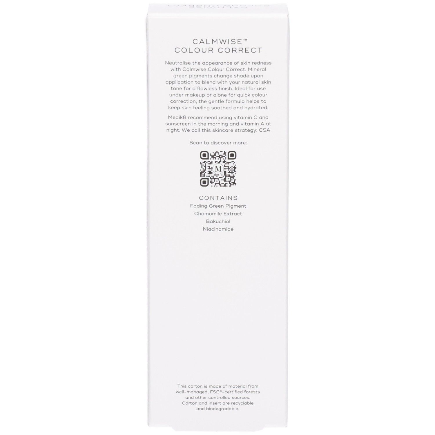 Lato della confezione Medik8 'Calmwise Colour Correct' con descrizione.