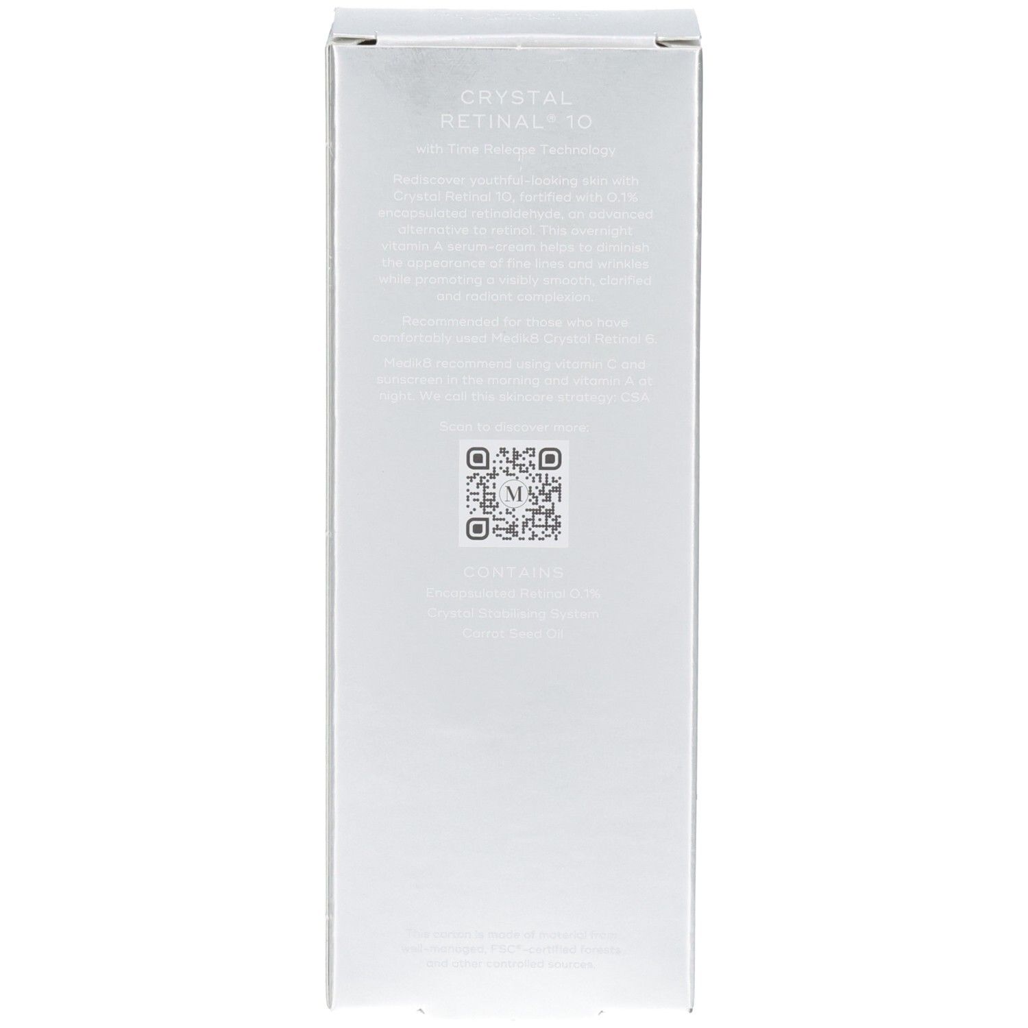 Retro della confezione Medik8 Crystal Retinal 10 con QR code e istruzioni.