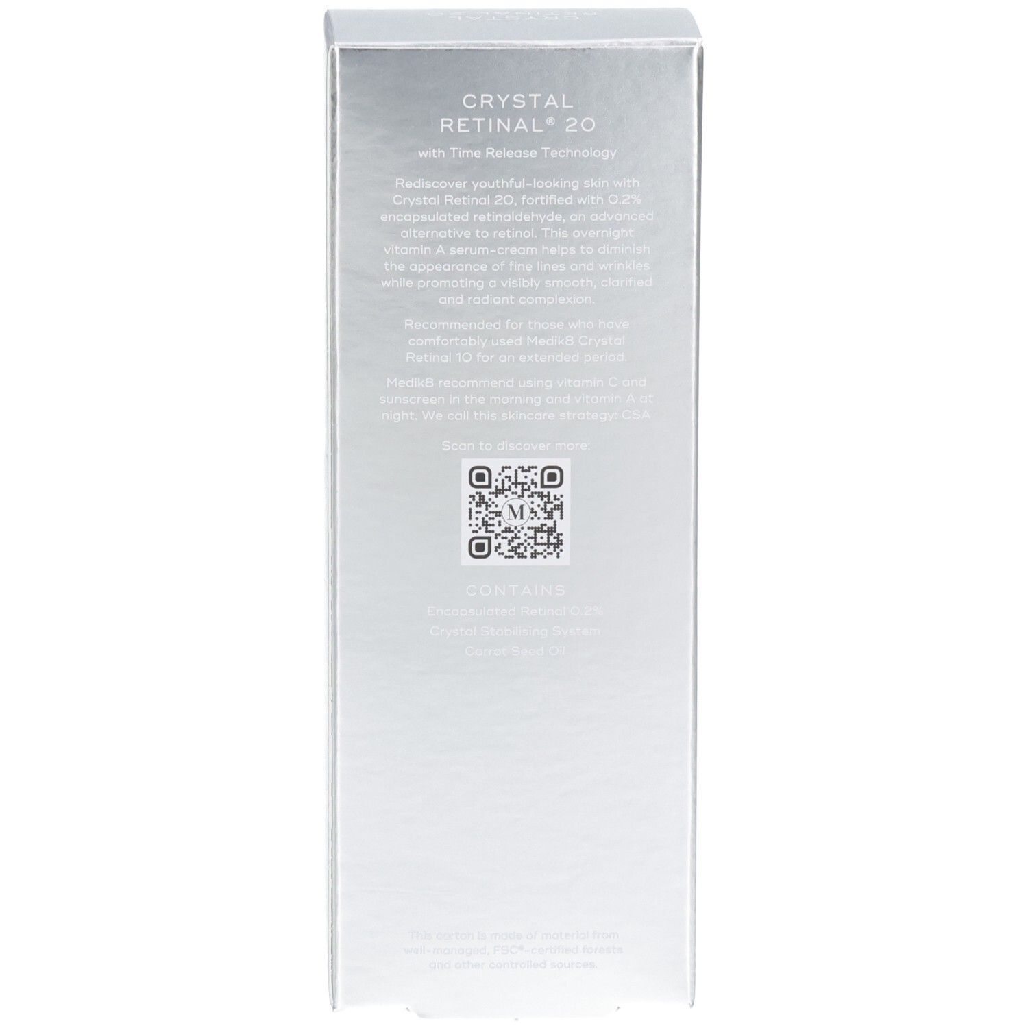 Retro della scatola di imballaggio argentata con descrizione del prodotto e codice QR.