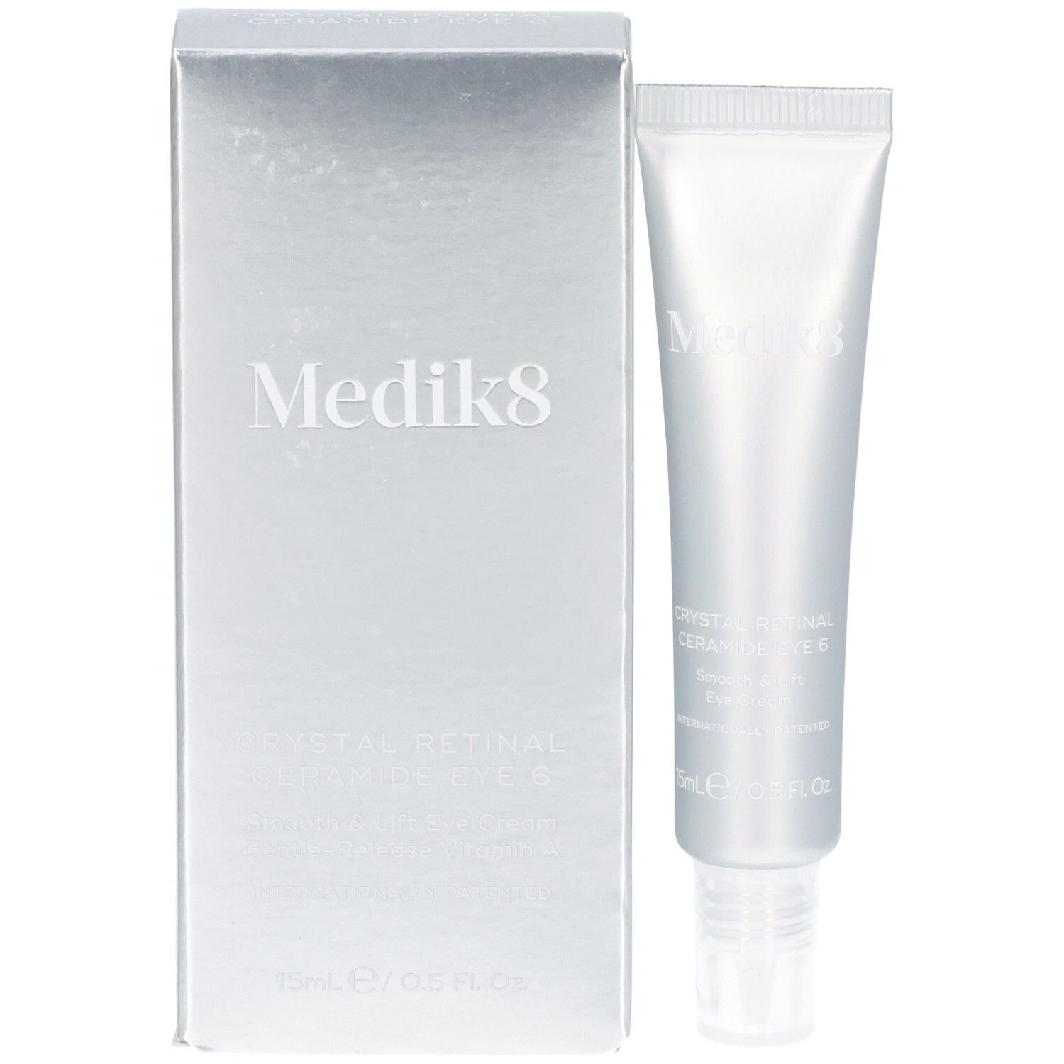 Tubo Medik8 Crystal Retinal Ceramide Eye 6 e scatola argentata.