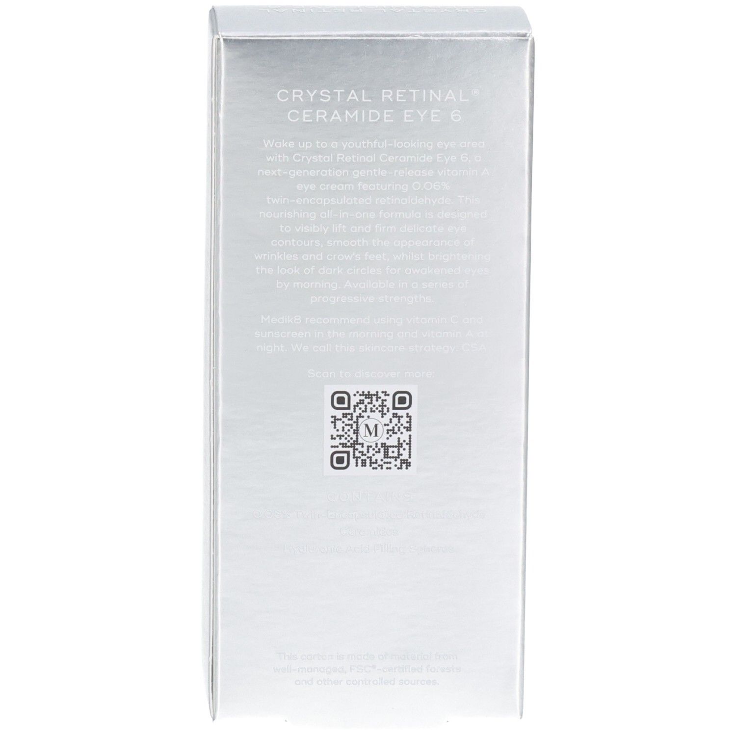 Retro della scatola argentata con descrizione prodotto e QR code.