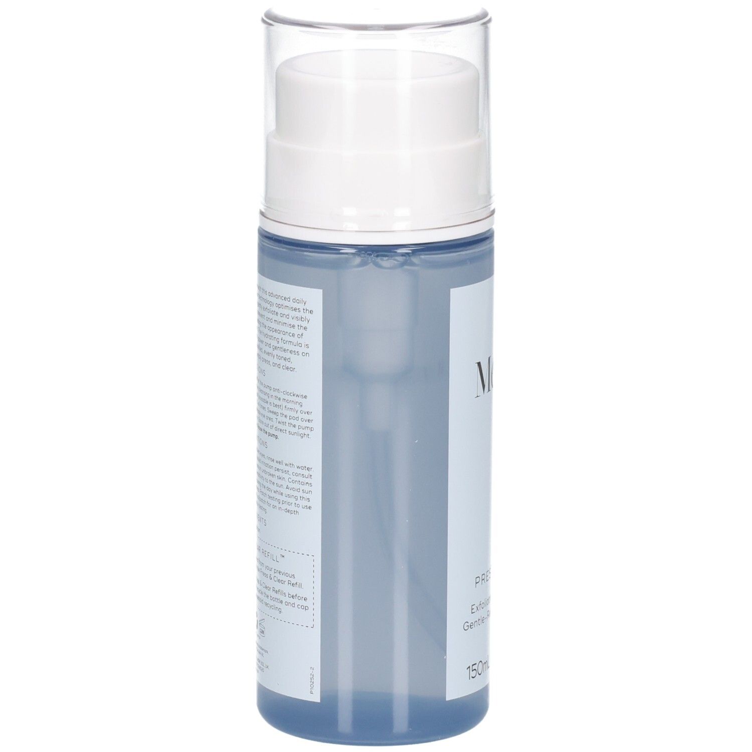 Retro del flacone Medik8 Press & Clear 150ml con istruzioni dettagliate.